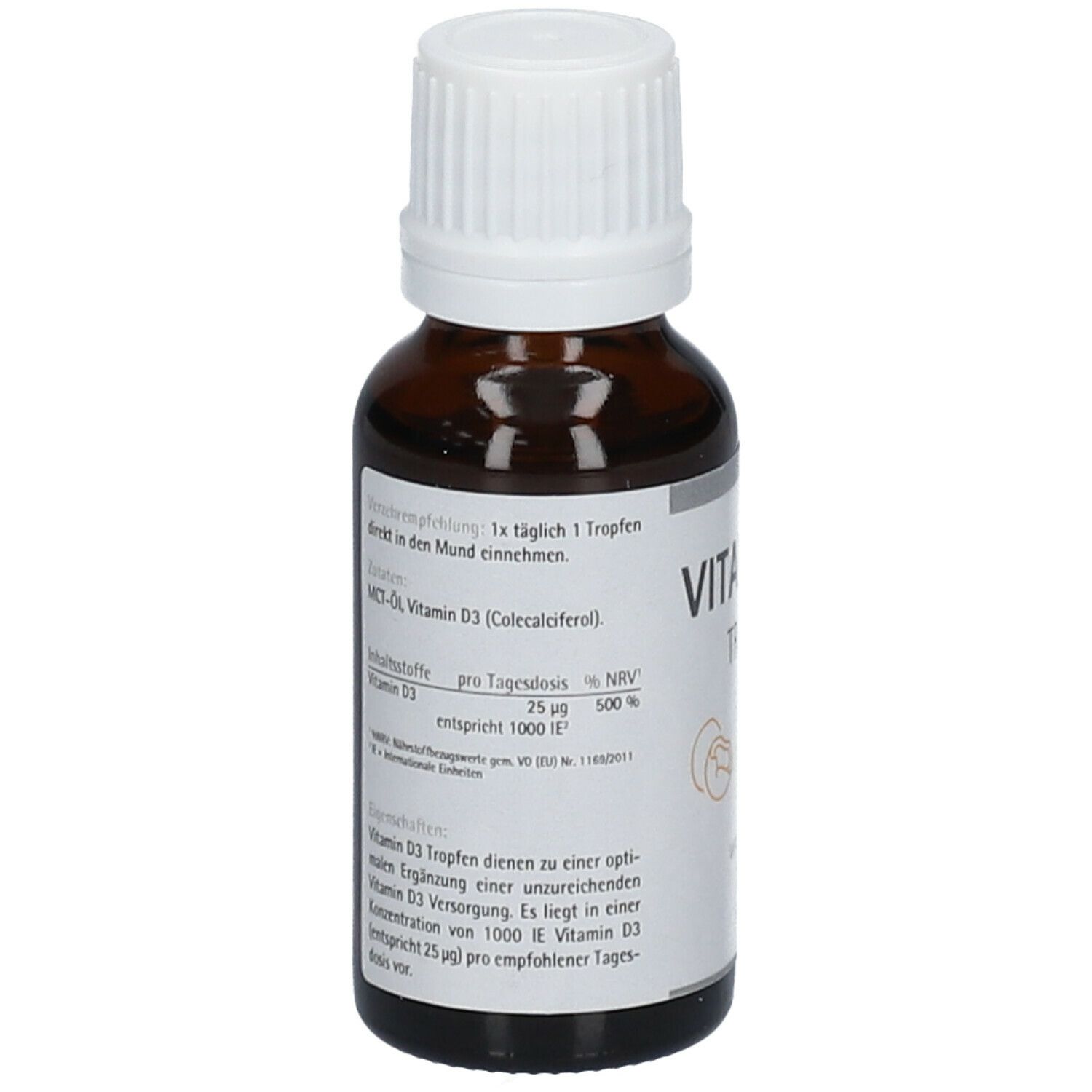 Braune Glasflasche mit weißem Deckel. Aufkleber mit "Vitamin D3 Tropfen". Text mit Inhaltsstoffen und Dosierung.