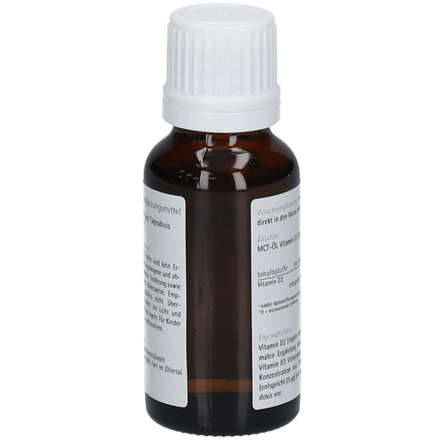 Braune Glasflasche mit weißem Deckel. Aufkleber mit "Vitamin D3 Tropfen". Text mit Inhaltsstoffen und Dosierung.