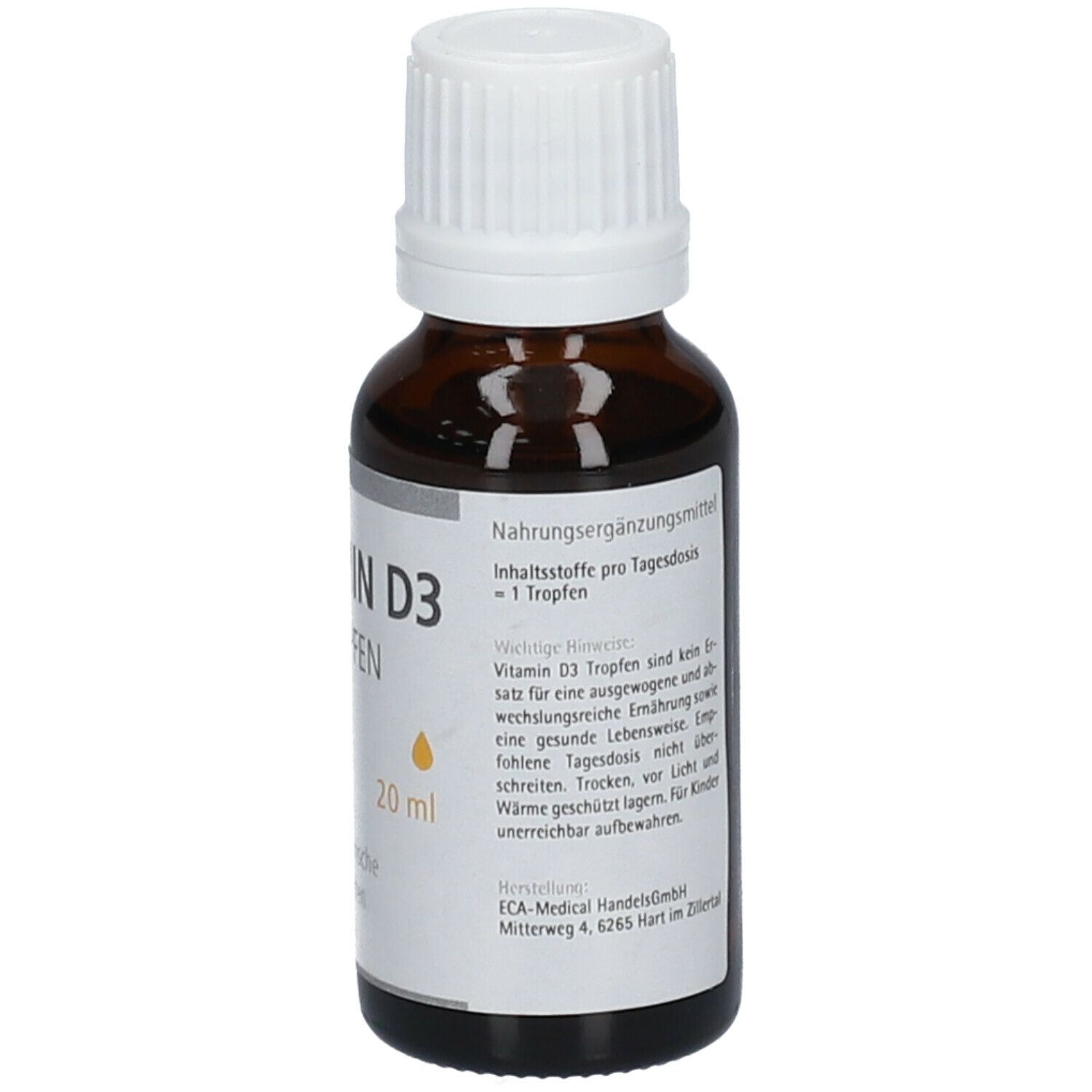 Braune Glasflasche mit weißem Deckel. Aufkleber mit "Vitamin D3 Tropfen" und "20 ml".