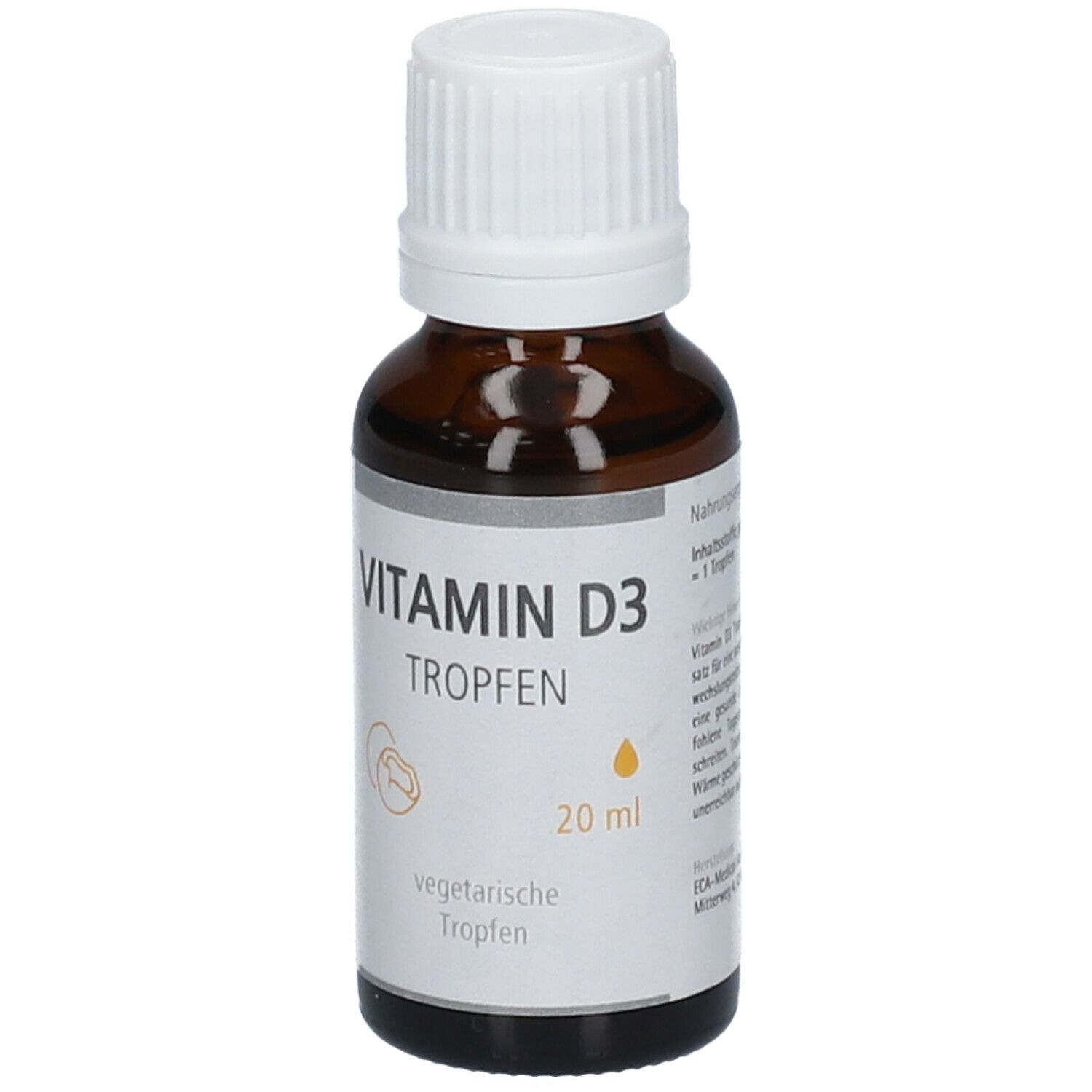 Braune Glasflasche mit weißem Deckel. Aufkleber mit "Vitamin D3 Tropfen" und "20 ml".