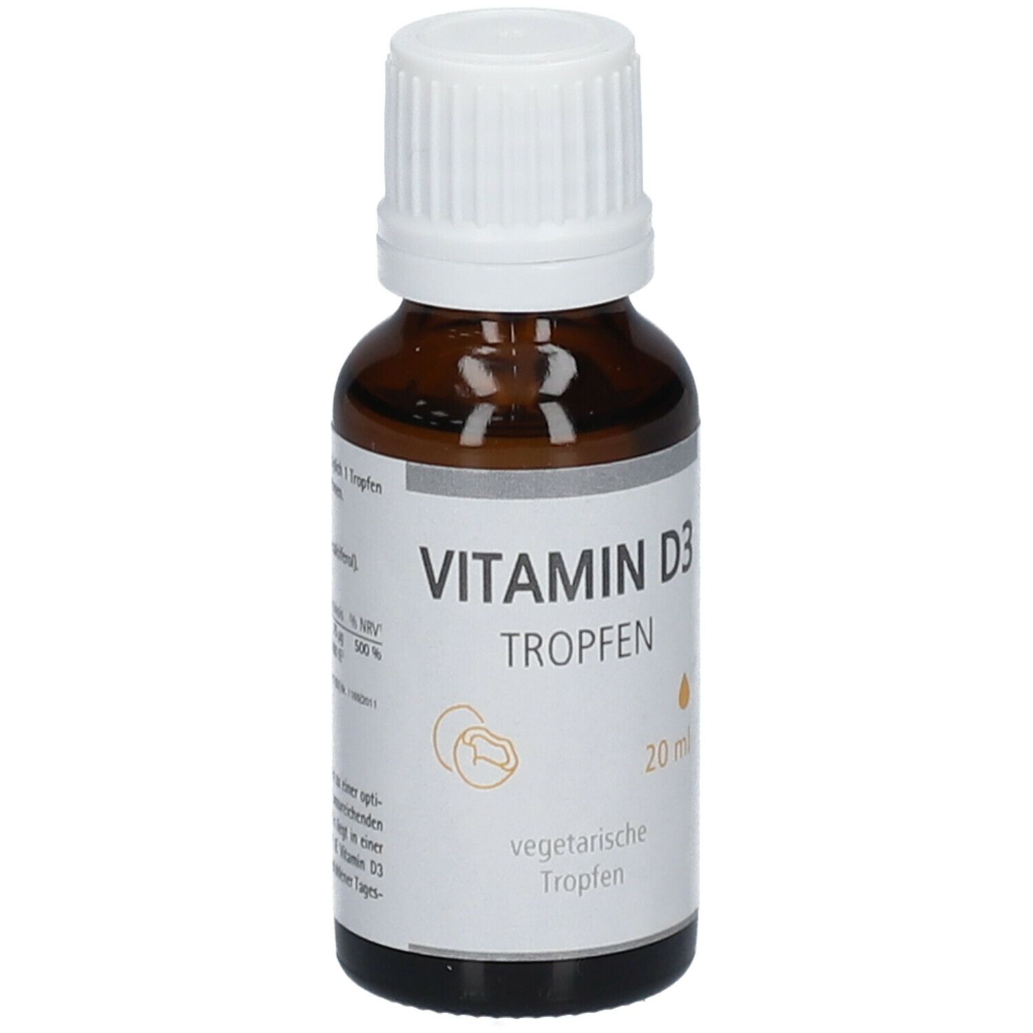 Braune Glasflasche mit weißem Deckel. Aufkleber mit "Vitamin D3 Tropfen" und "20 ml".