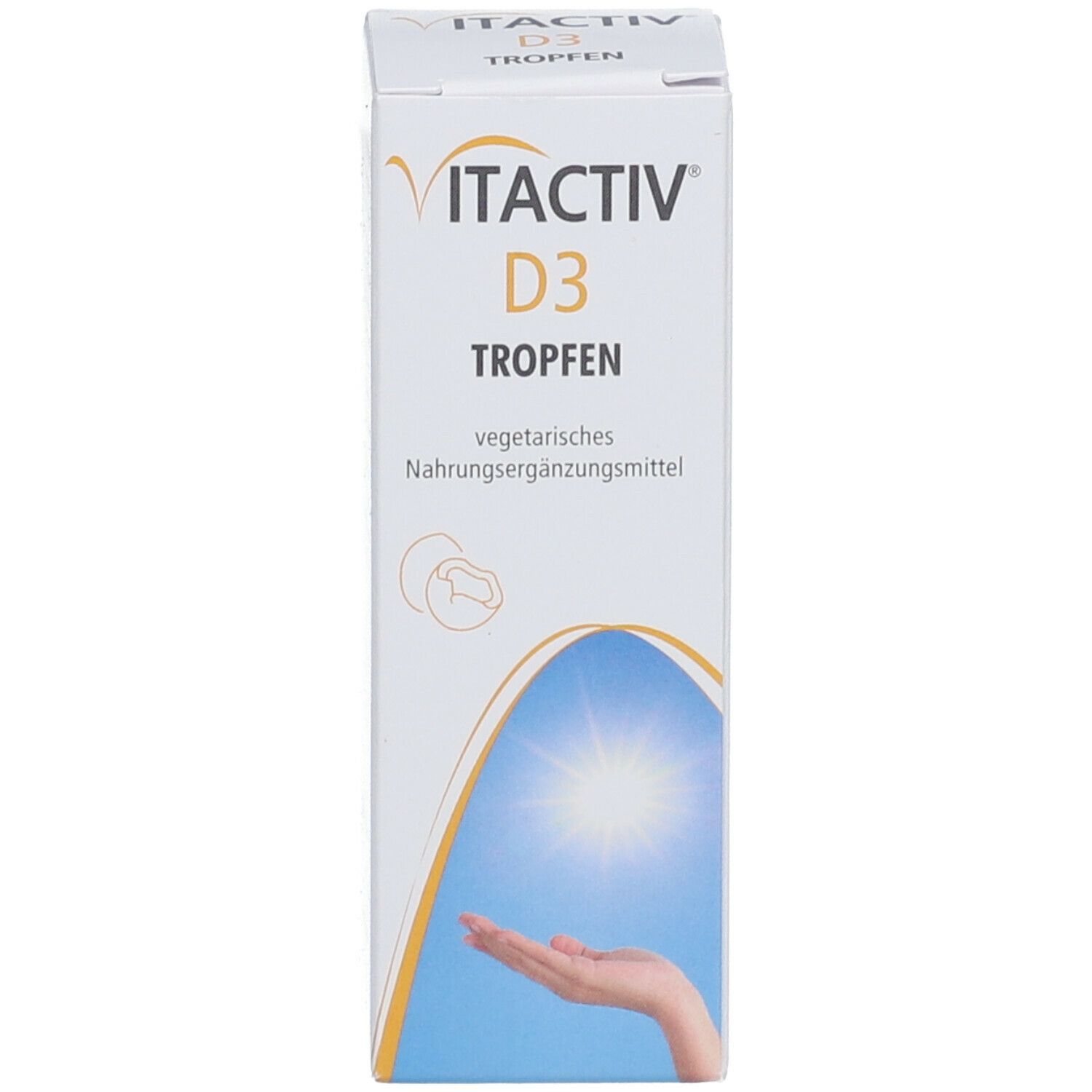 Weiße Verpackung mit "VITACTIV D3 Tropfen". Abbildung einer Hand unter Sonne.