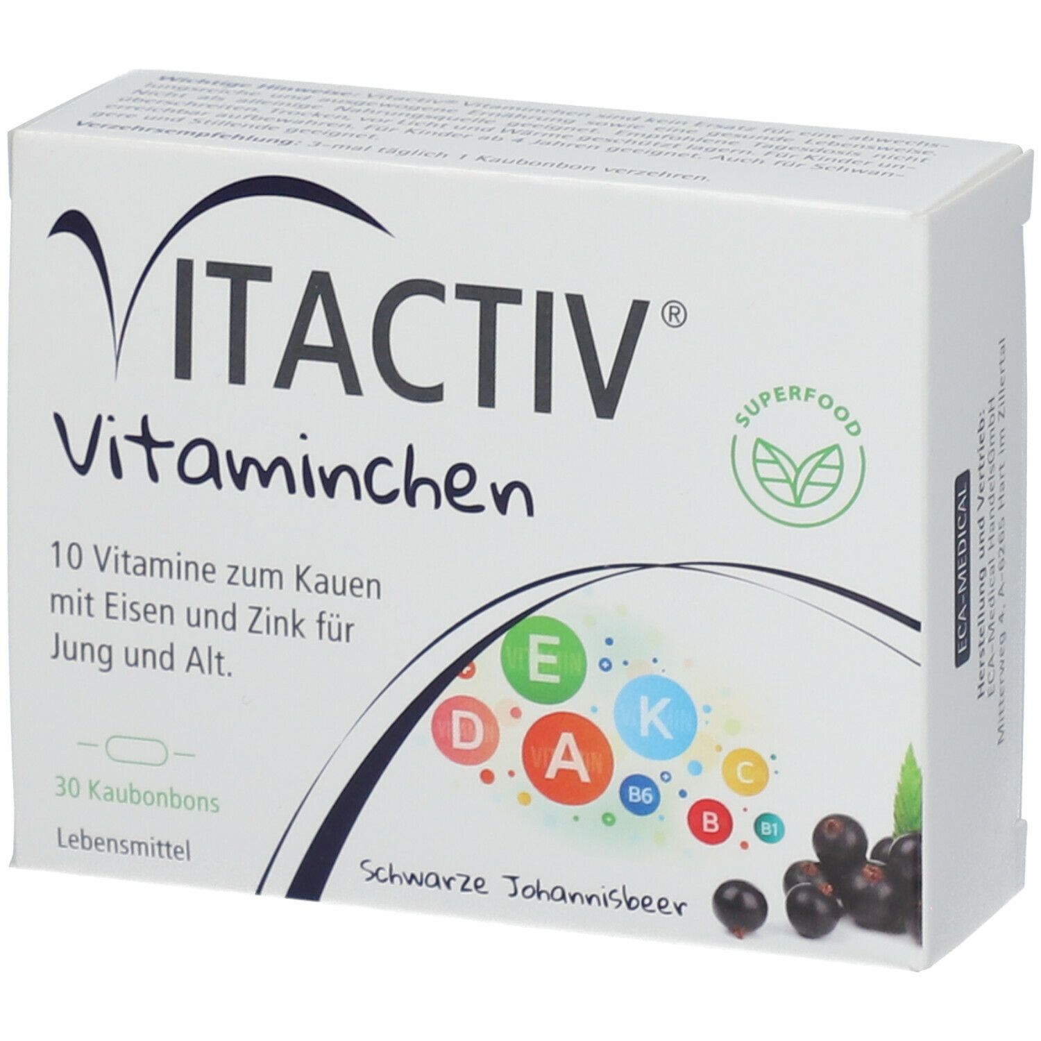 Weißer Karton mit VITACTIV Vitaminchen. Schwarze Johannisbeere, 30 Kautabletten. Aufdruck mit Vitaminen.