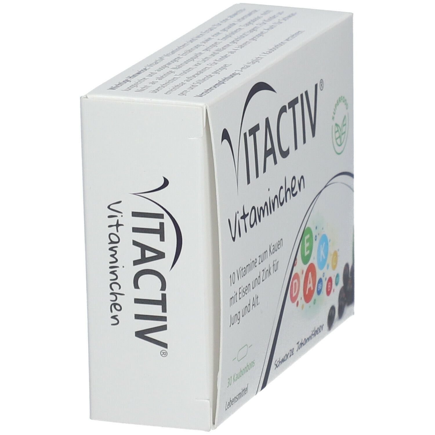 Schräg stehende weiße Schachtel mit VITACTIV Vitaminchen. Aufdruck mit Vitaminen und schwarzer Johannisbeere.