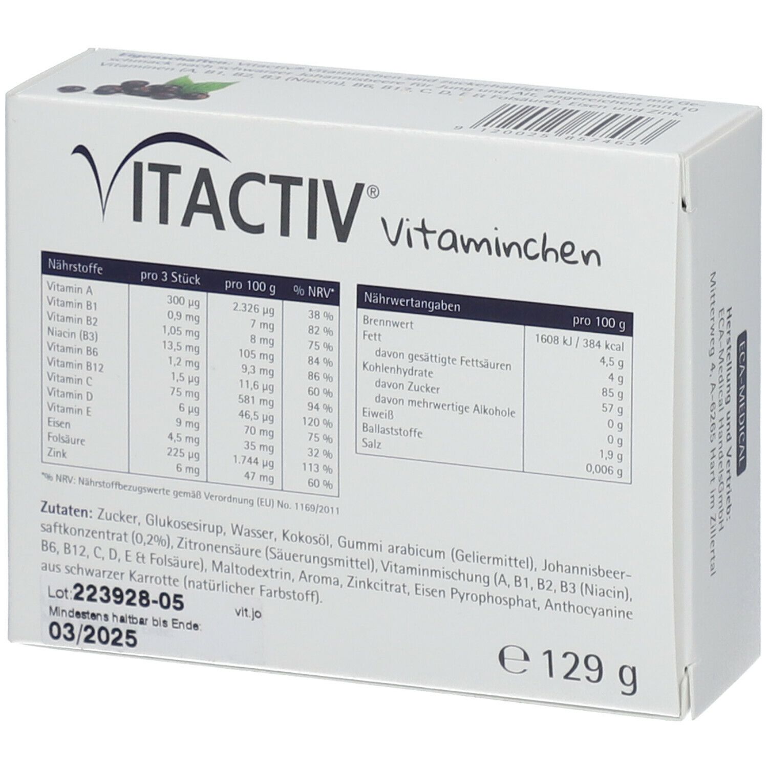 Weiße Schachtel mit VITACTIV Vitaminchen. Nährwerttabelle, Zutatenliste und Mindesthaltbarkeitsdatum 03/2025.