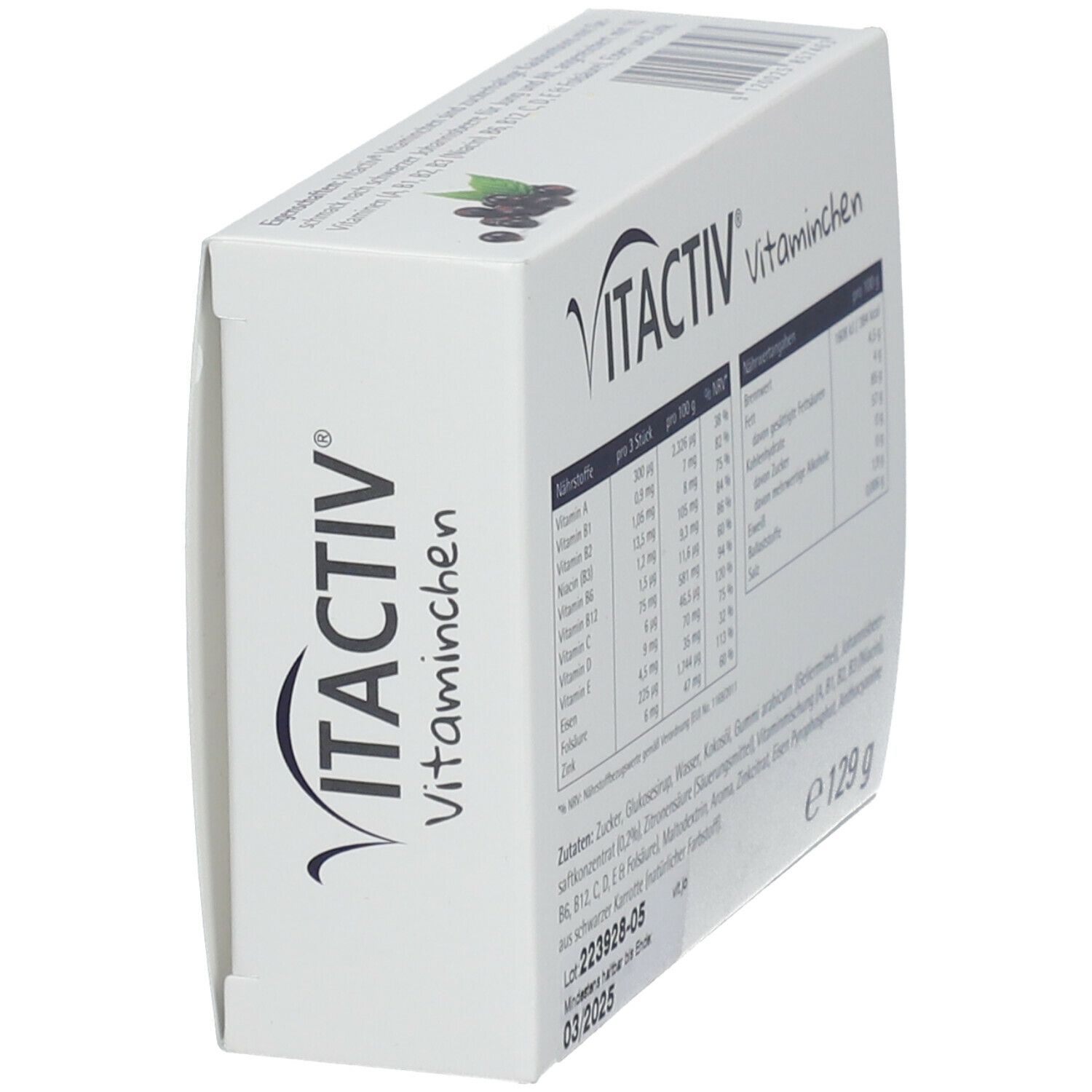 Schräg stehende weiße Schachtel mit VITACTIV Vitaminchen. Nährwerttabelle und Mindesthaltbarkeitsdatum 03/2025.