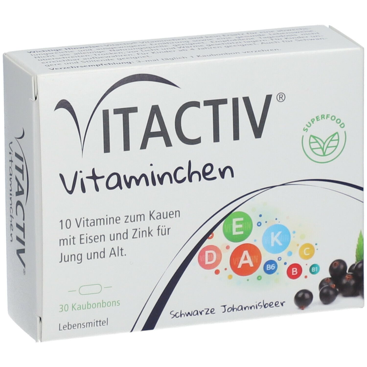 Weißer Karton mit VITACTIV Vitaminchen. Schwarze Johannisbeere, 30 Kautabletten. Aufdruck mit Vitaminen.