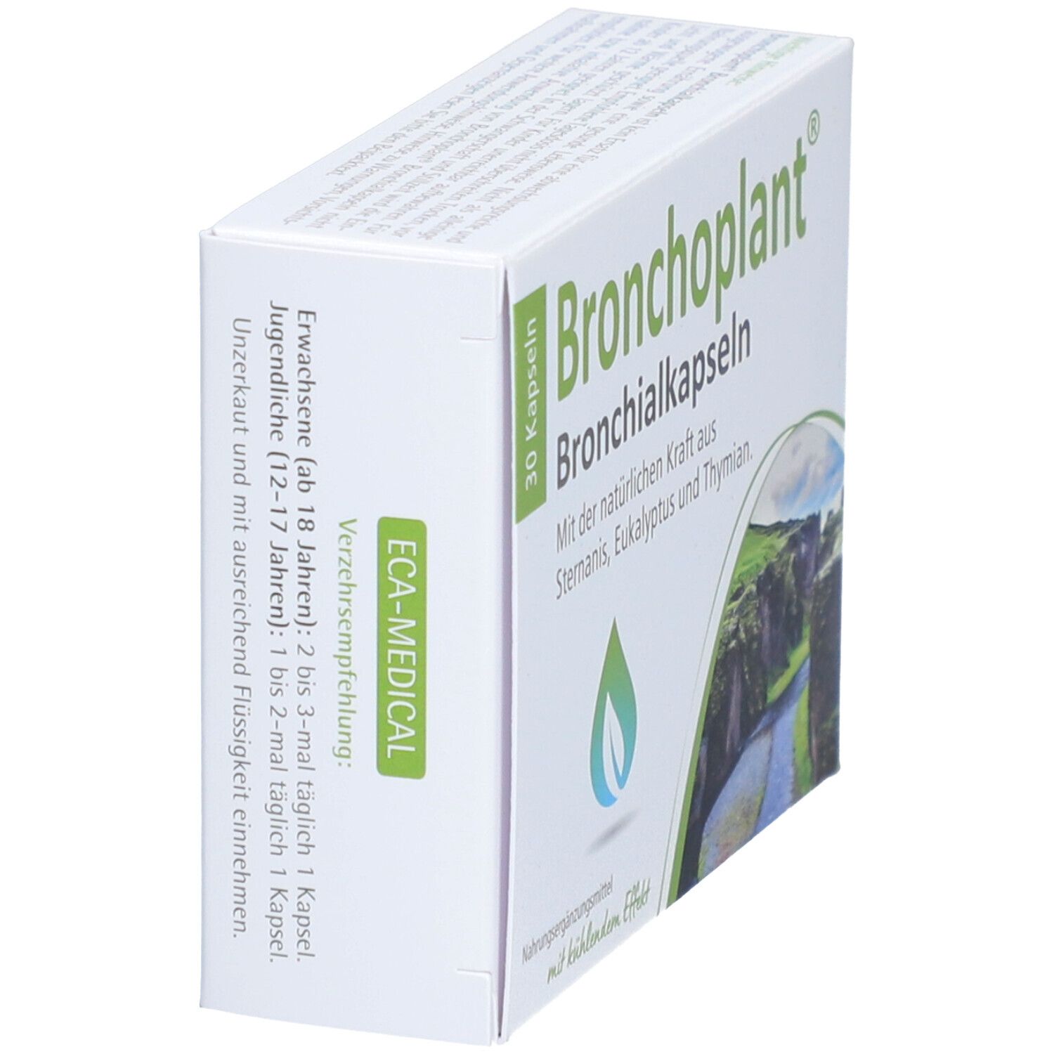 Bronchoplant®-Packung, schräg. Text: Dosierung, ECA-MEDICAL. 30 Kapseln. Weiß mit grünem Text und Logo.