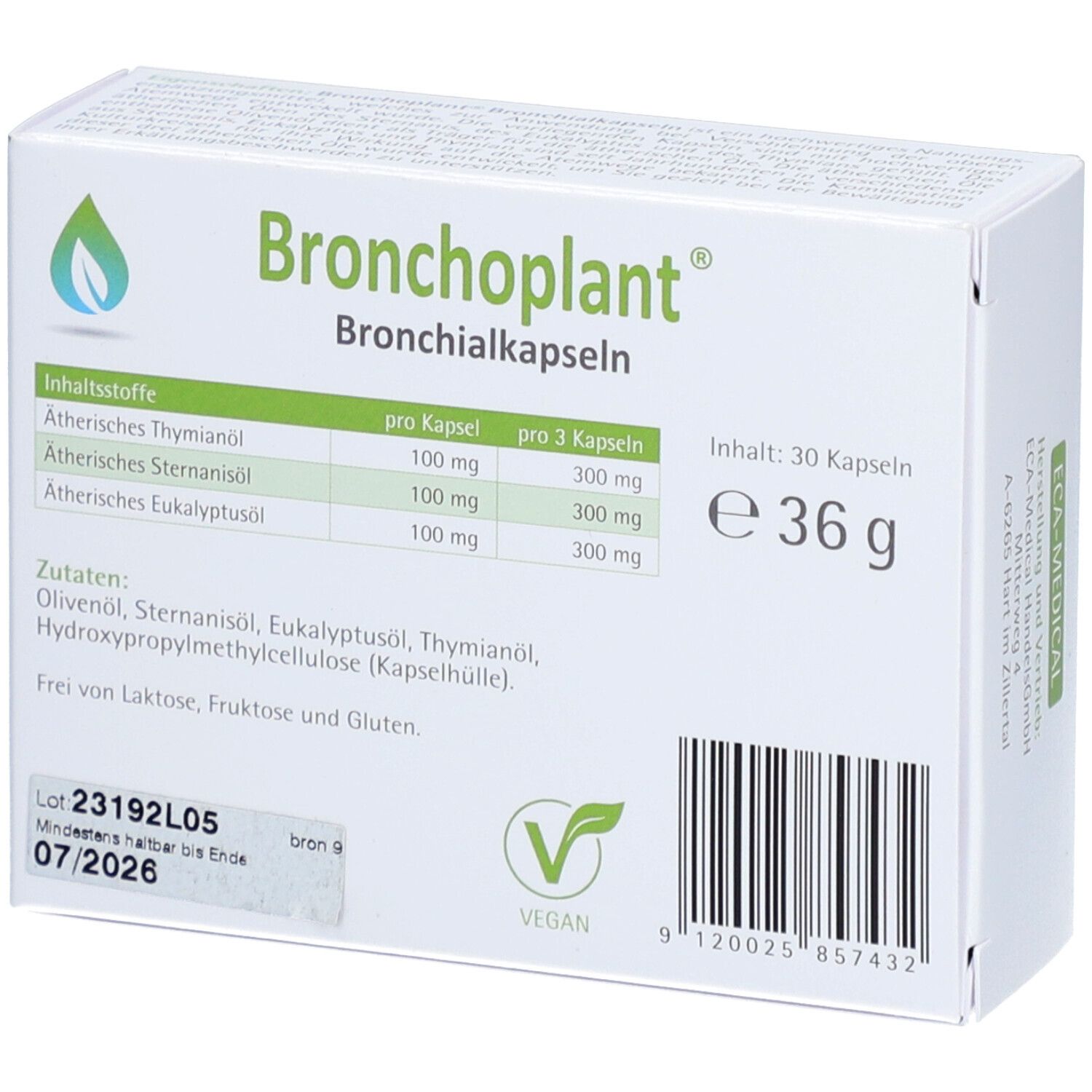 Rückseite der Bronchoplant®-Packung. Inhaltsstoffe, Nährwertangaben, veganes Siegel, Chargennummer, Gewicht.