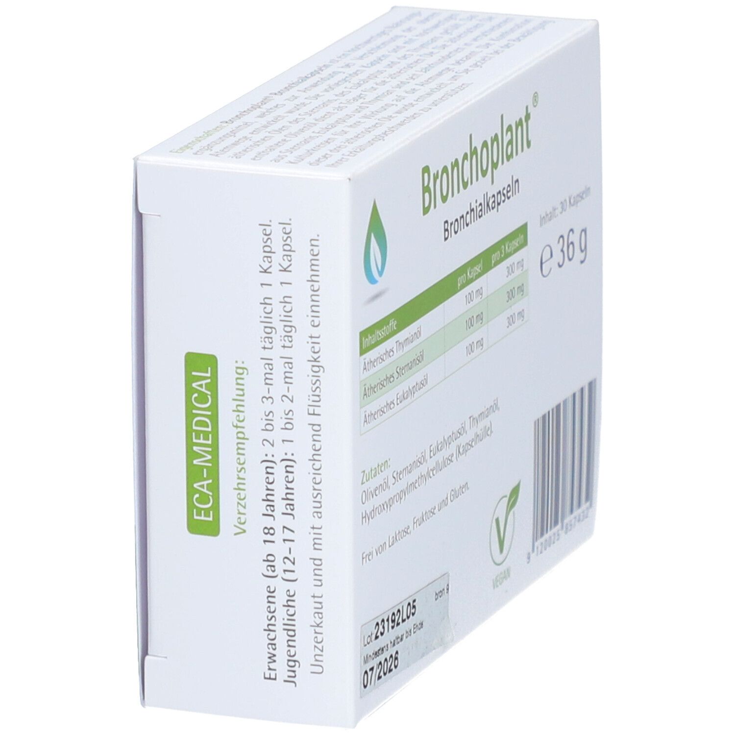 Bronchoplant®-Packung, schräg. Text: Dosierung, ECA-MEDICAL, veganes Siegel, Chargennummer, Gewicht.
