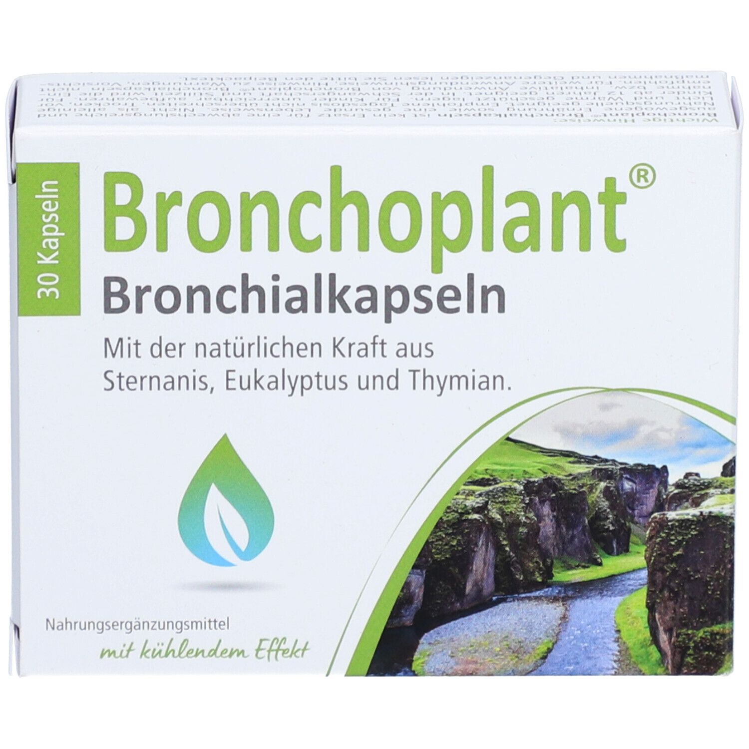 Bronchoplant® Bronchialkapseln-Packung. 30 Kapseln. Grün-weiße Verpackung mit Logo und Landschaftsmotiv.