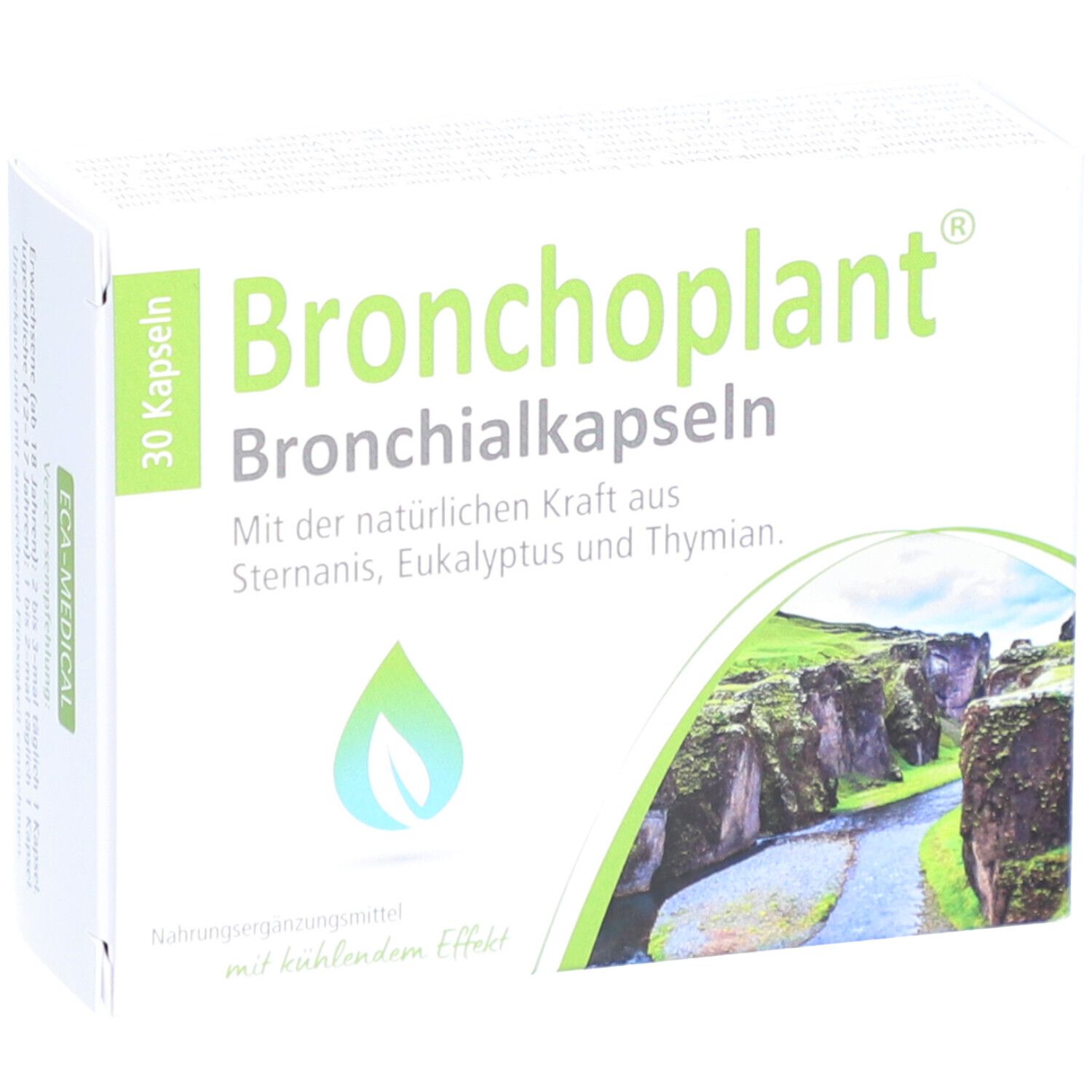 Bronchoplant® Bronchialkapseln-Packung. 30 Kapseln. Grün-weiße Verpackung mit Logo und Landschaftsmotiv.