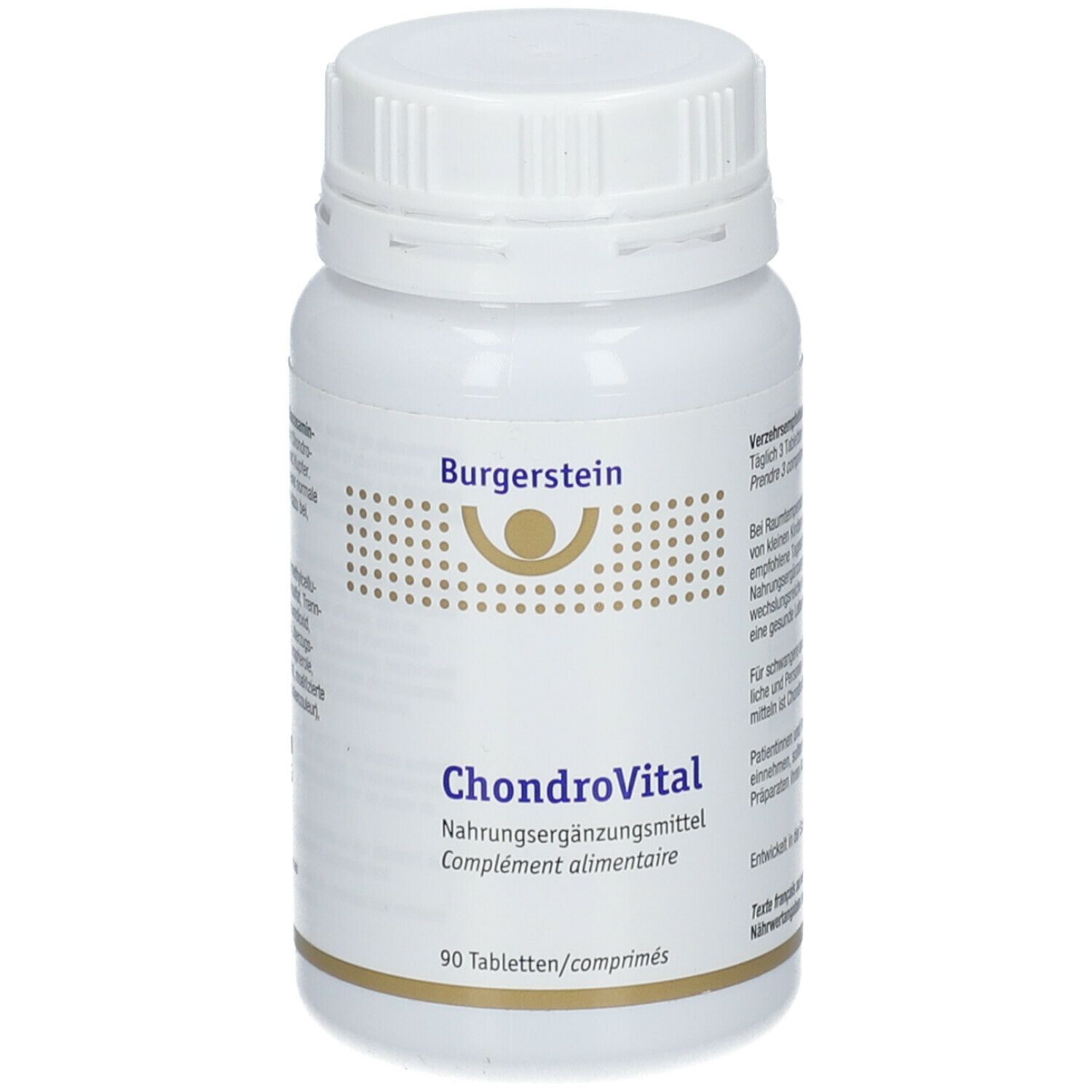 Weiße Tablettenflasche mit Schraubverschluss. Aufschrift: Burgerstein, ChondroVital, Nahrungsergänzungsmittel.