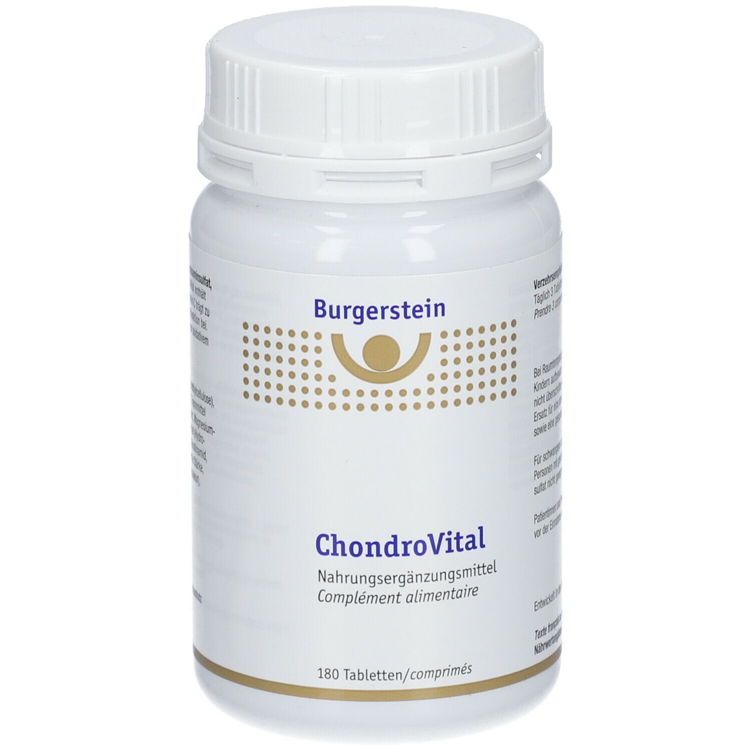 Weiße Tablettenflasche mit Schraubverschluss. Aufschrift: Burgerstein, ChondroVital, Nahrungsergänzungsmittel. 180 Tabletten.