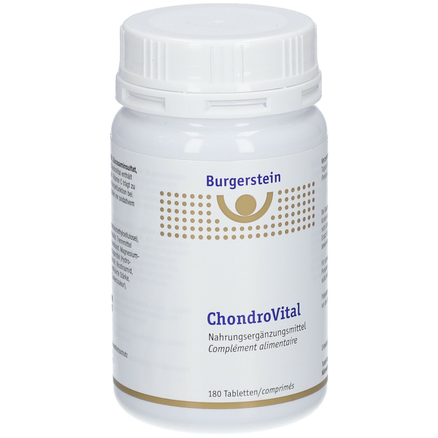 Weiße Tablettenflasche mit Schraubverschluss. Aufschrift: Burgerstein, ChondroVital, Nahrungsergänzungsmittel. 180 Tabletten.