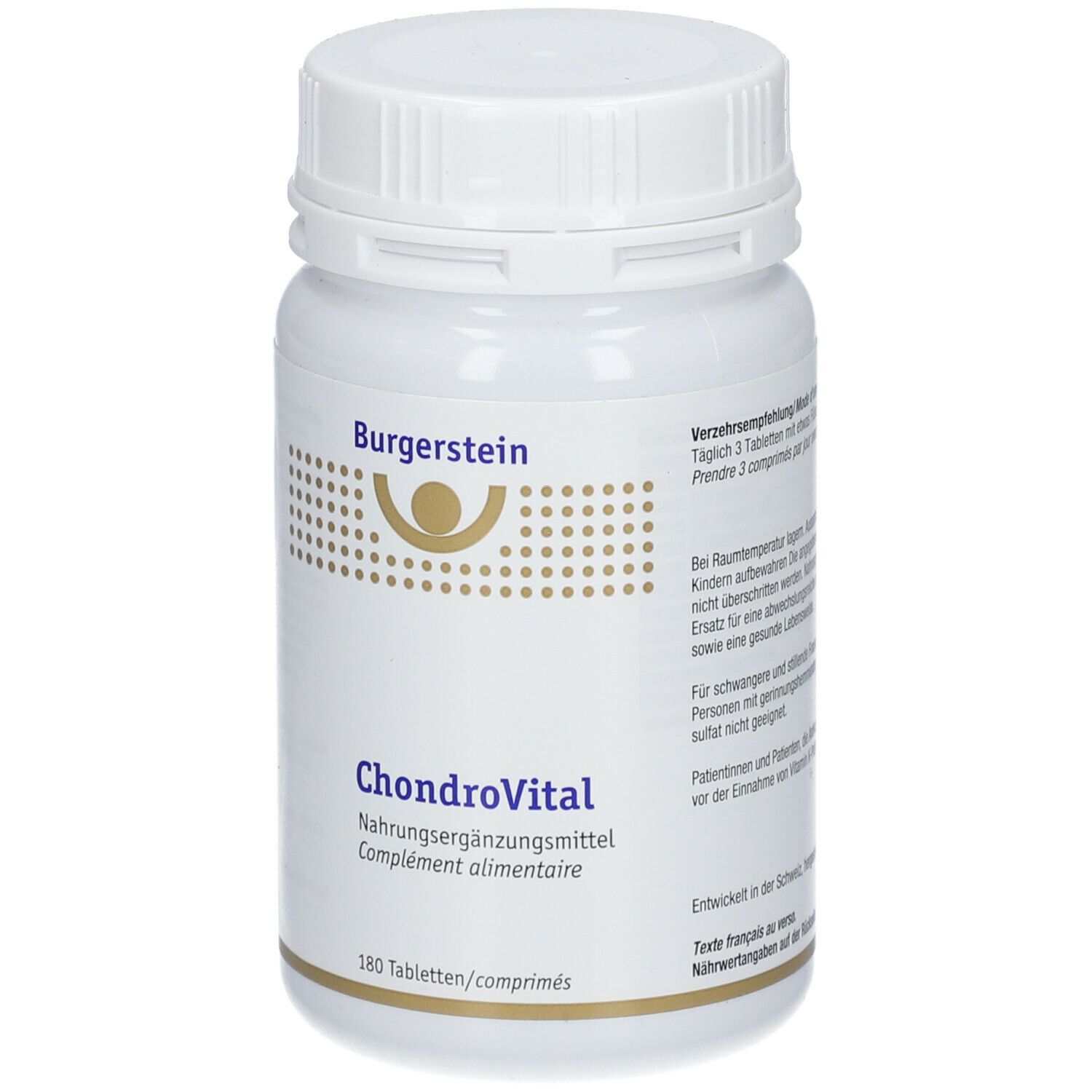 Weiße Tablettenflasche mit Schraubverschluss. Aufschrift: Burgerstein, ChondroVital, Nahrungsergänzungsmittel. 180 Tabletten.