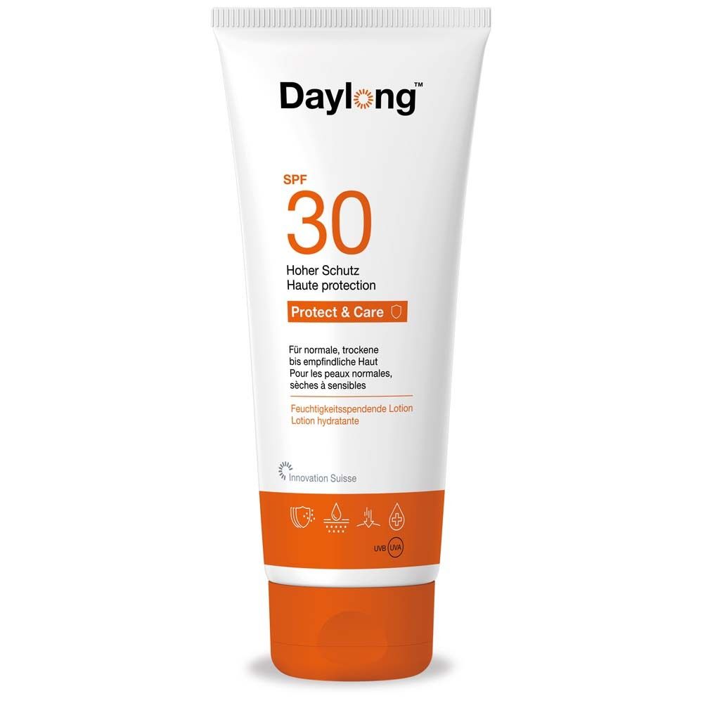 Weiße Tube mit orangefarbenem Deckel. Aufdruck: Daylong, SPF 30, Protect & Care. Für normale, trockene bis empfindliche Haut.