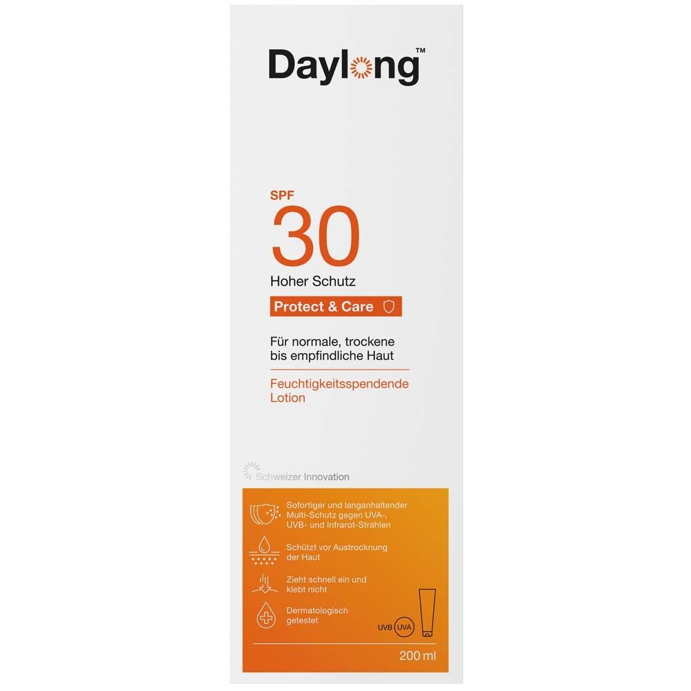 Weiße Verpackung mit orangefarbenem Feld. Aufdruck: Daylong, SPF 30, Protect & Care. Für normale, trockene bis empfindliche Haut.