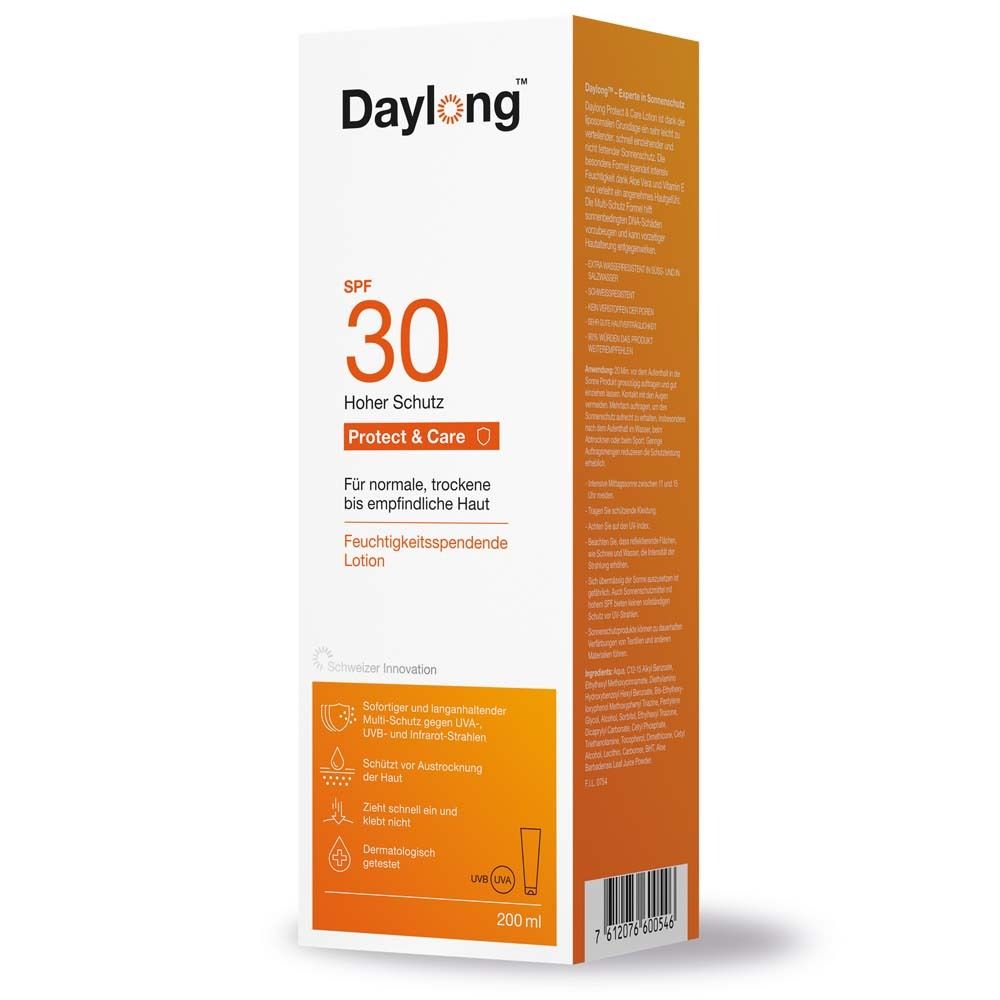 Verpackung, weiß mit orangefarbenem Feld. Aufdruck: Daylong, SPF 30, Protect & Care. Für normale, trockene bis empfindliche Haut.