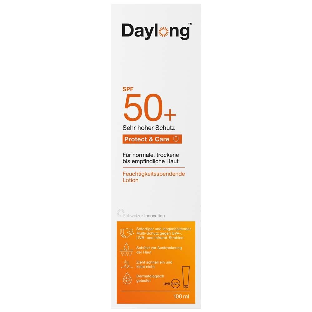 Weiße Verpackung mit orangefarbenem Feld. Aufschrift: Daylong, SPF 50+, Protect & Care. Lotion für empfindliche Haut.