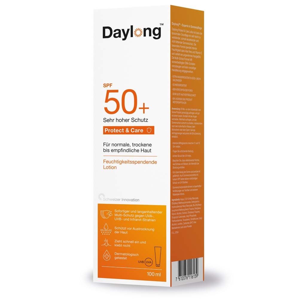 Verpackung, orangefarben mit weißer Schrift. Aufschrift: Daylong, SPF 50+, Protect & Care. Lotion für empfindliche Haut.
