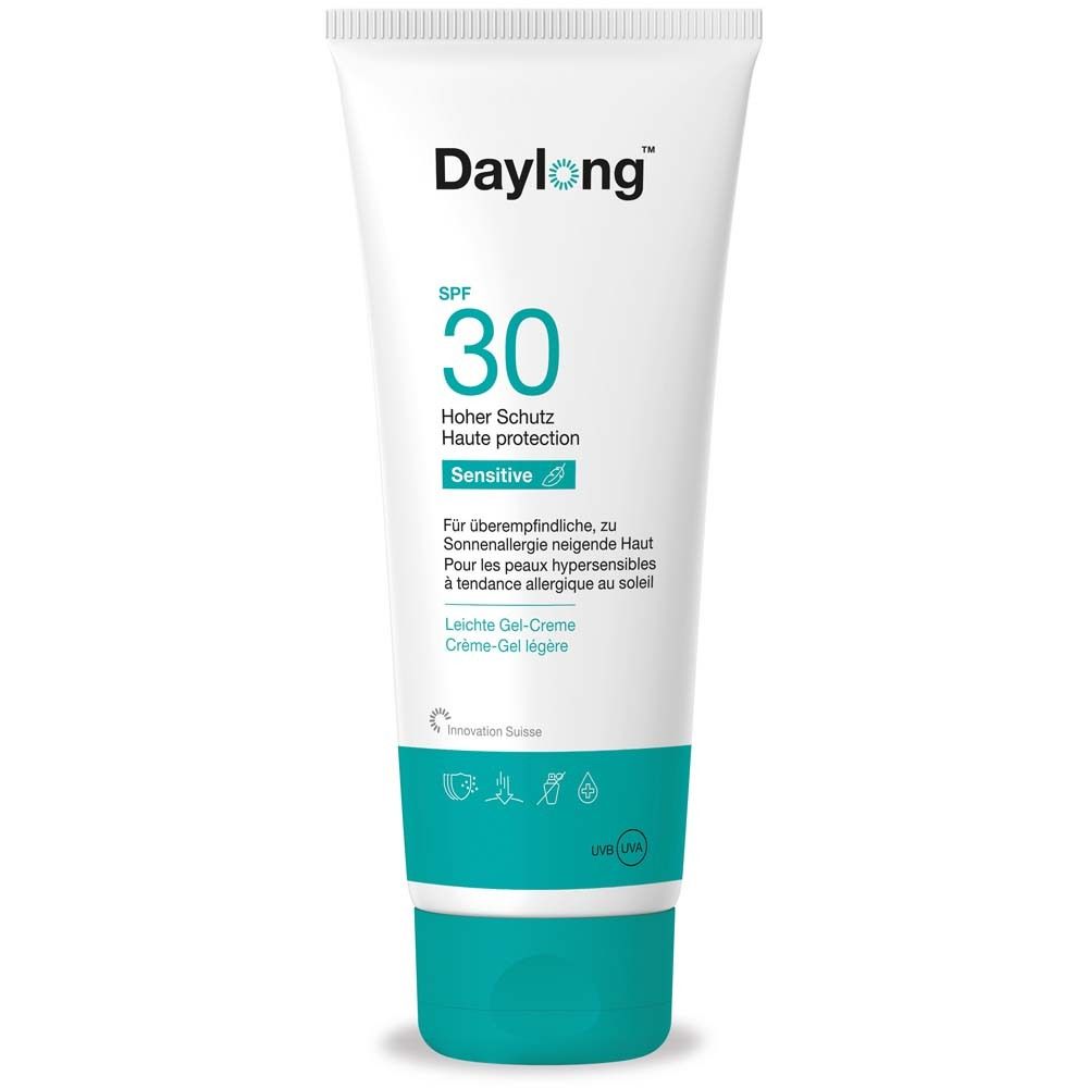 Weiße Tube mit blau-türkisen Akzenten. Aufschrift: Daylong, SPF 30, Sensitive. Leichte Gel-Creme.
