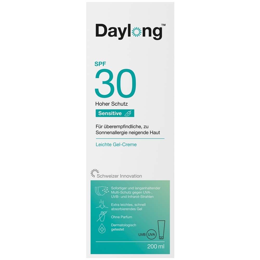 Hohe, weiße Verpackung mit Daylong-Logo und SPF 30. Text: Hoher Schutz, Sensitive. 200 ml.