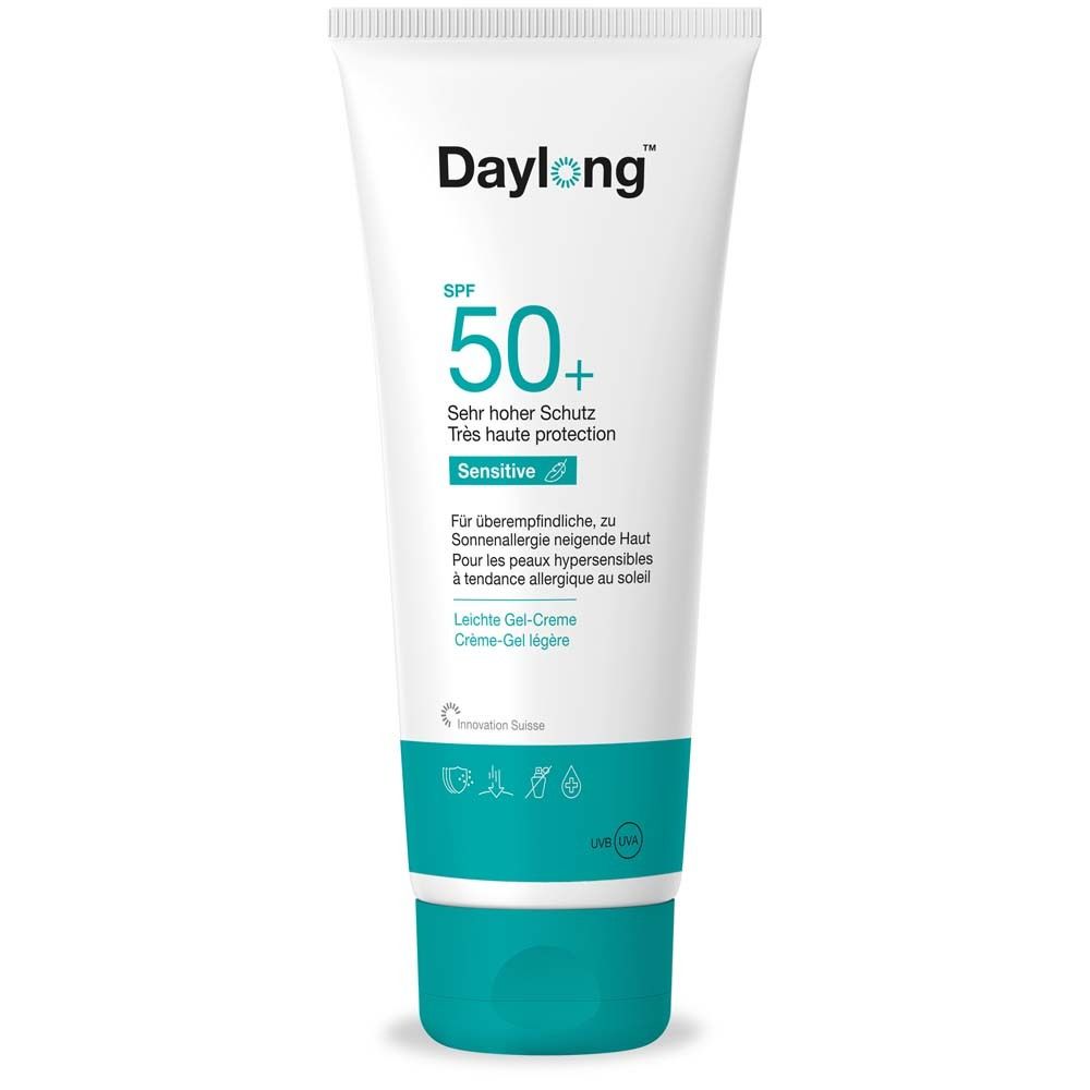 Weisse Tube mit Daylong-Logo, SPF 50+ und Produktinformationen. Türkisfarbener Verschluss.