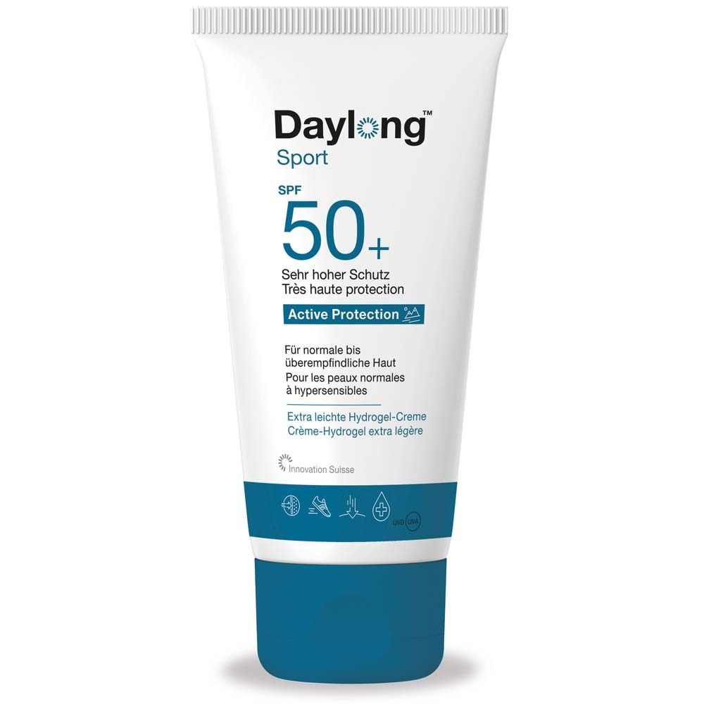 Weiße Tube mit blauem Deckel. Daylong Sport SPF 50+ Schriftzug. Text in Deutsch und Französisch. Hydrogel-Creme.