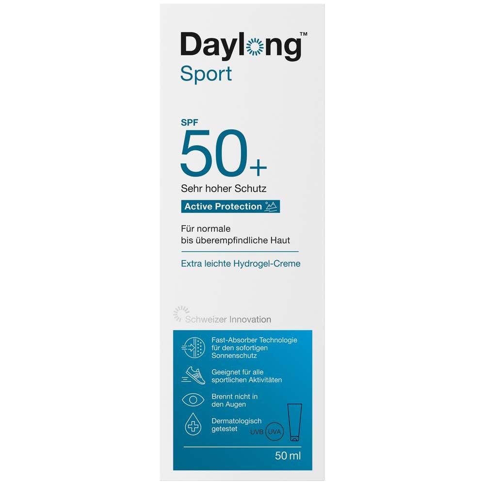 Weiße Verpackung mit Daylong Sport SPF 50+ Schriftzug. Text in Deutsch und Französisch. Hydrogel-Creme. 50 ml.