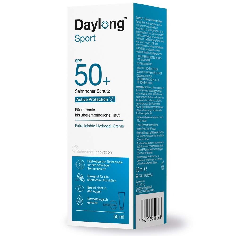 Weiße Verpackung mit Daylong Sport SPF 50+ Schriftzug. Text in Deutsch und Französisch. Hydrogel-Creme. 50 ml. Rückseite.