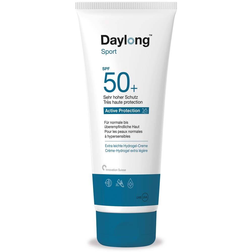 Weiße Tube mit blauem Deckel. Aufschrift: Daylong Sport SPF 50+. Text: Sehr hoher Schutz, Active Protection.