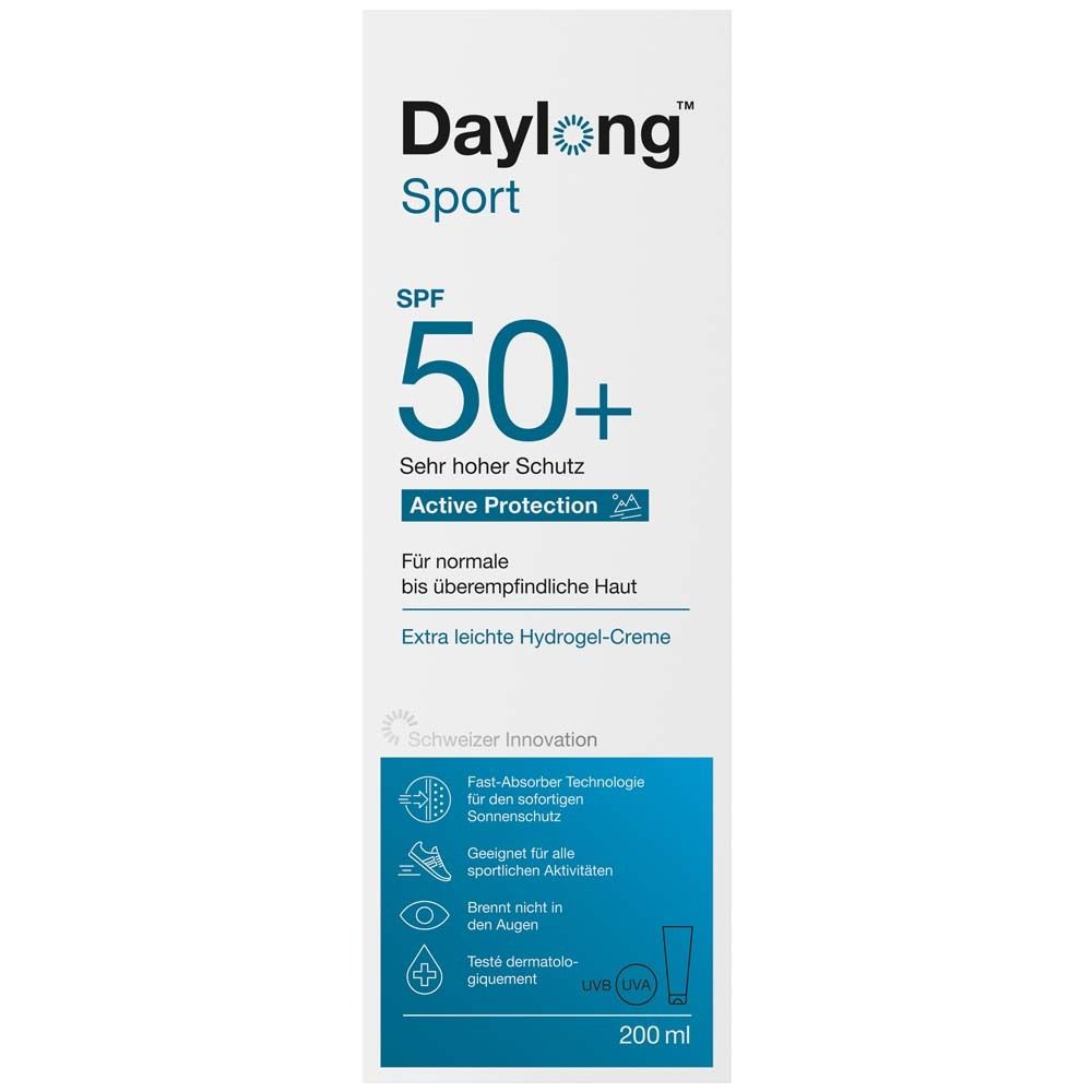 Weiße Verpackung mit Daylong Sport SPF 50+. Text: Sehr hoher Schutz, Active Protection. Blaue Icons und Text.