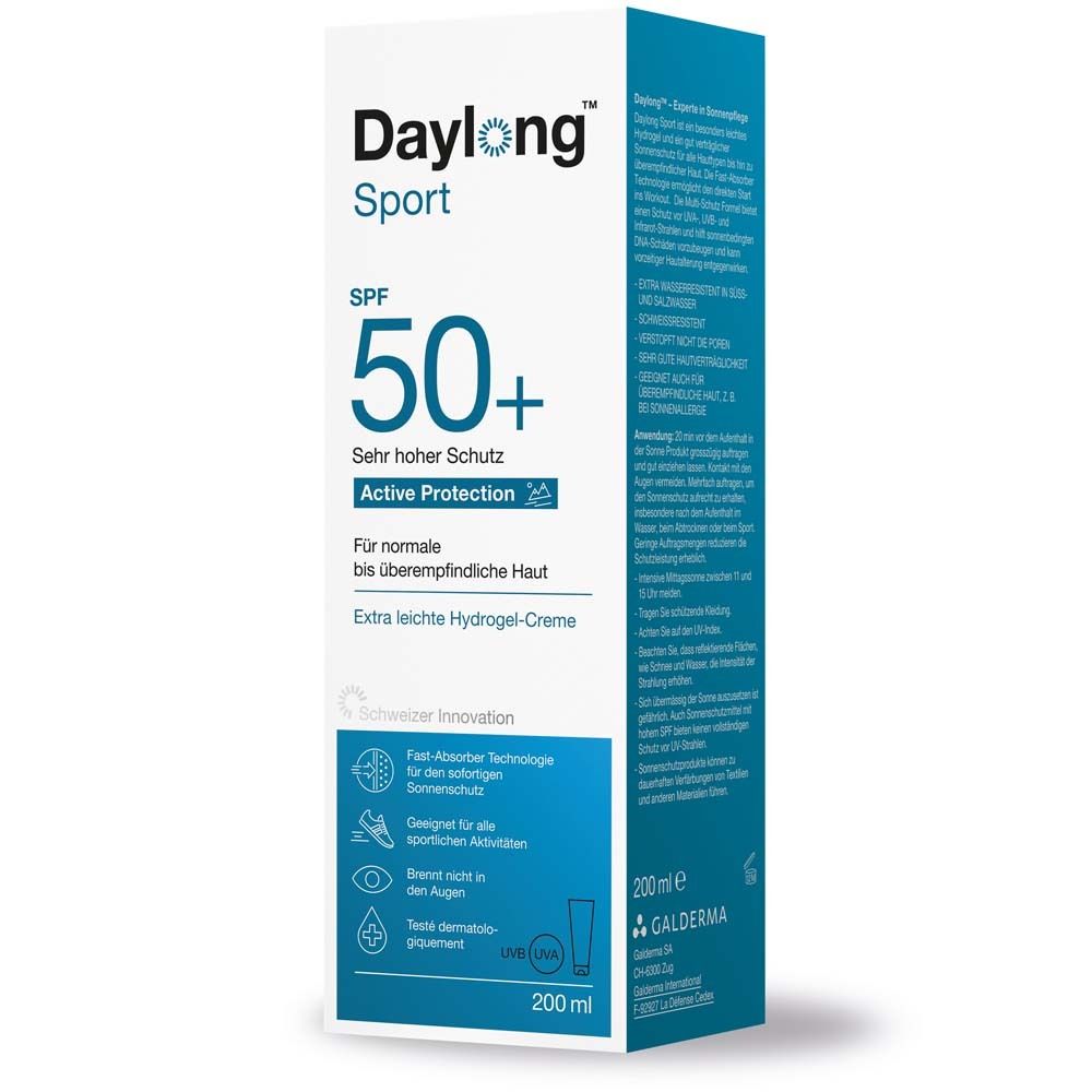 Verpackung von Daylong Sport SPF 50+. Text: Sehr hoher Schutz, Active Protection. Blaue Icons und Text. 200 ml.