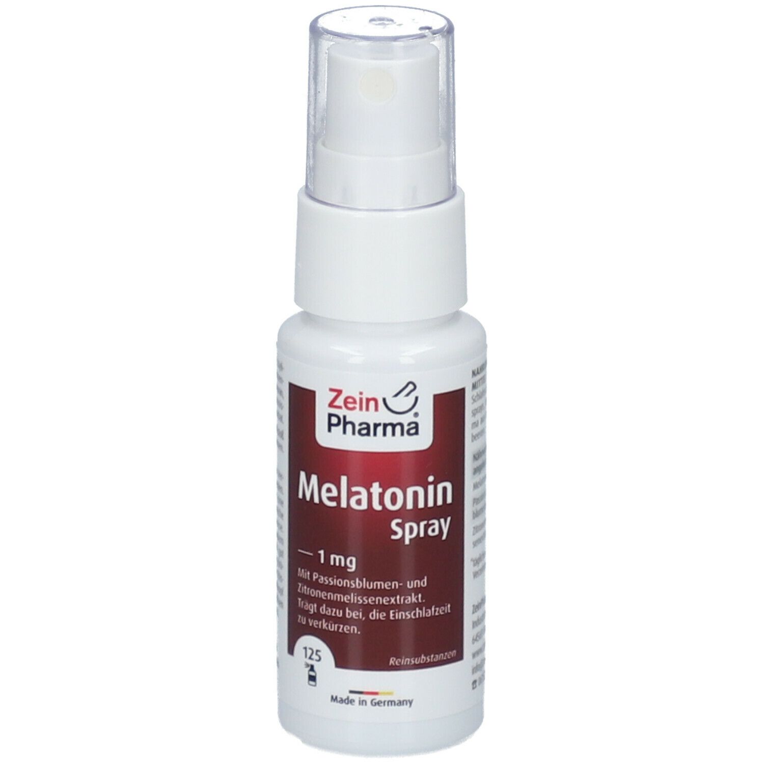 Zein Pharma Melatonin Spray, 1 mg. Weiße Flasche mit Sprühkopf. Roter Aufkleber mit Produktinformationen.