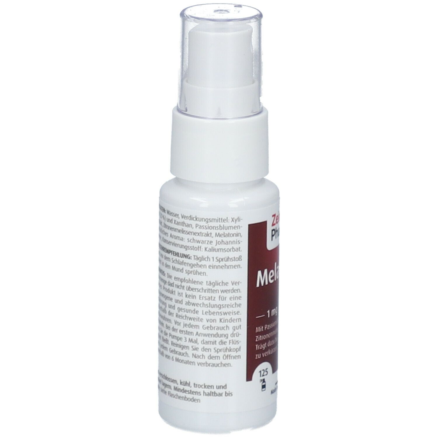 Zein Pharma Melatonin Spray, 1 mg. Weiße Flasche mit Sprühkopf. Rückseite mit Produktinformationen und Inhaltsstoffen.