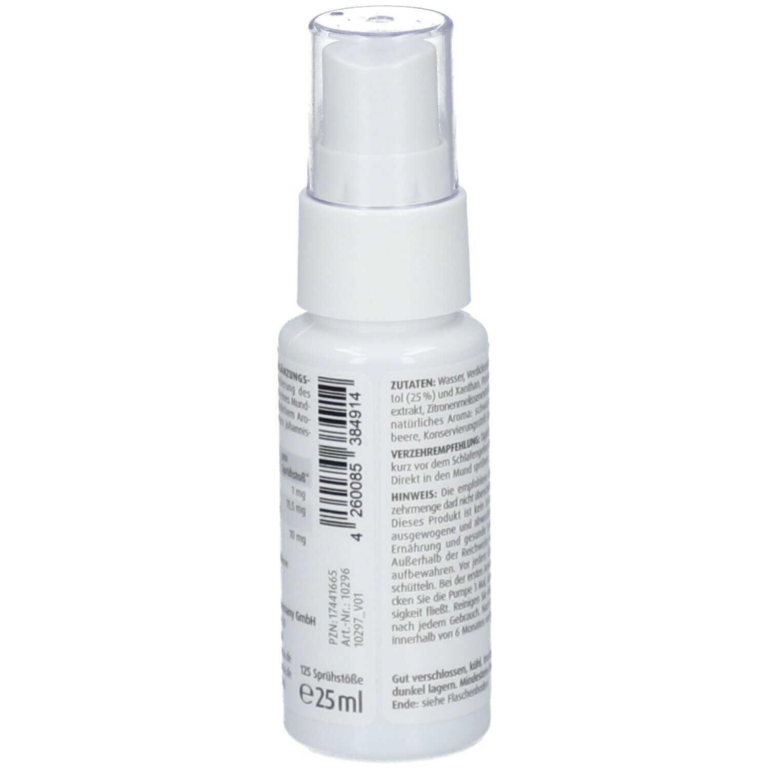Zein Pharma Melatonin Spray, 1 mg. Weiße Flasche mit Sprühkopf. Rückseite mit Inhaltsstoffen und Herstellerinformationen.