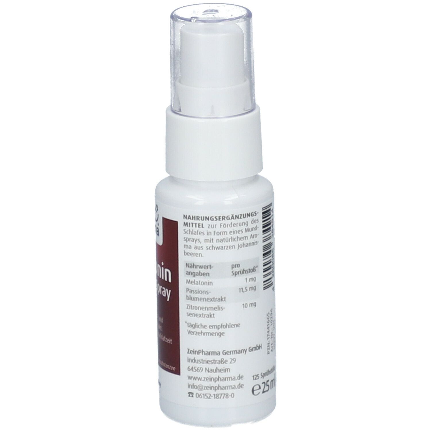 Zein Pharma Melatonin Spray, 1 mg. Weiße Flasche mit Sprühkopf. Rückseite mit Nährwertangaben und Herstellerinformationen.