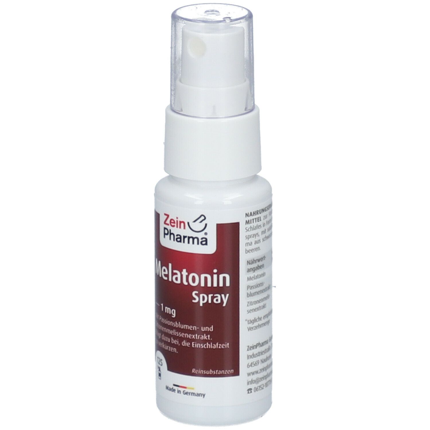 Zein Pharma Melatonin Spray, 1 mg. Weiße Flasche mit Sprühkopf. Roter Aufkleber mit Produktinformationen.