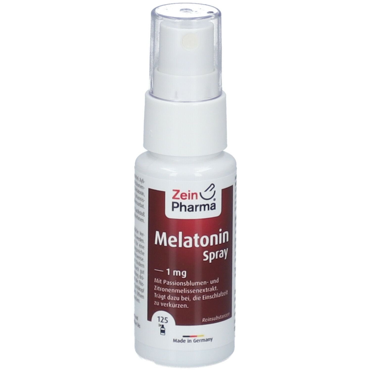 Zein Pharma Melatonin Spray, 1 mg. Weiße Flasche mit Sprühkopf. Roter Aufkleber mit Produktinformationen.