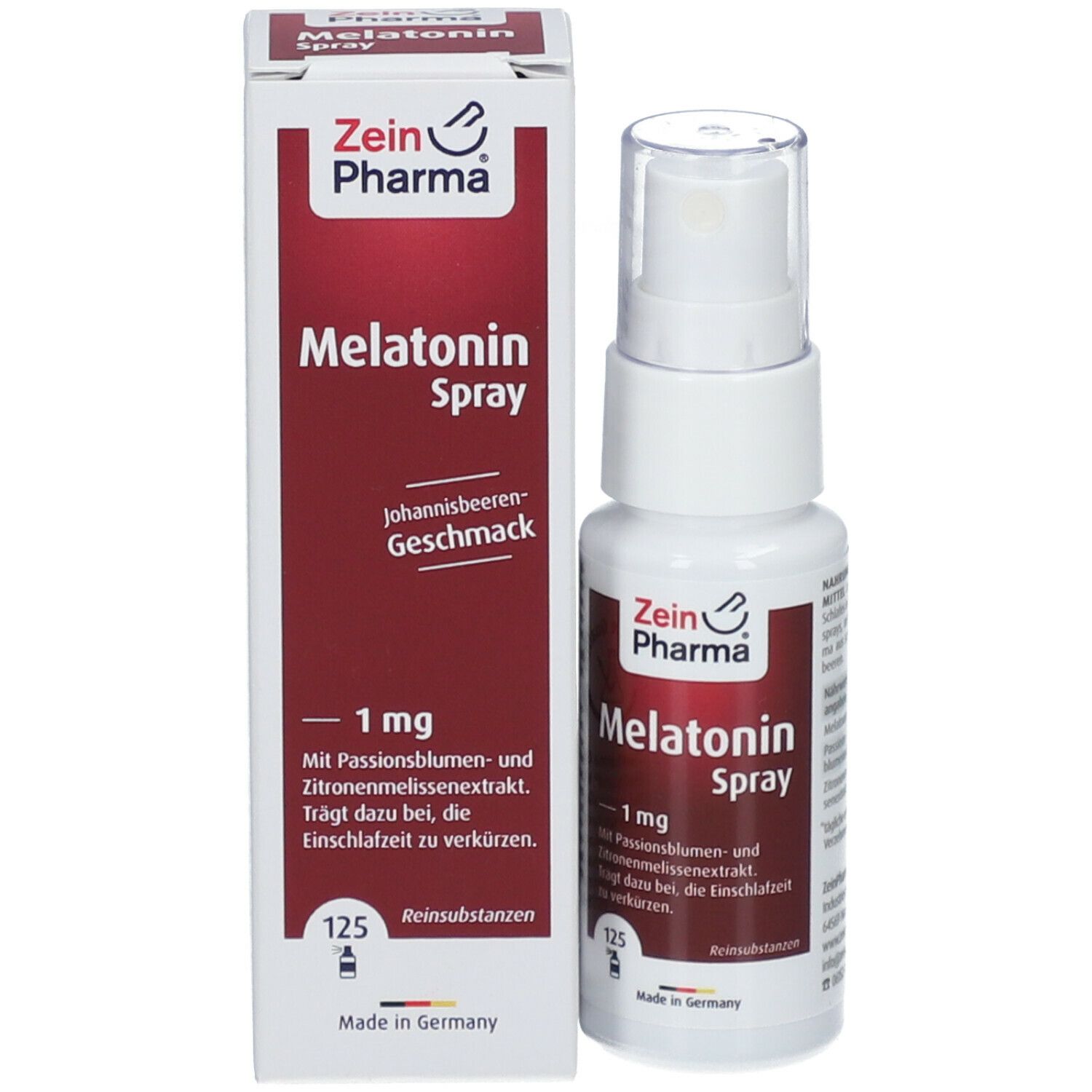 Zein Pharma Melatonin Spray, 1 mg, mit Verpackung. Weiße Flasche mit Sprühkopf und roter Verpackung.
