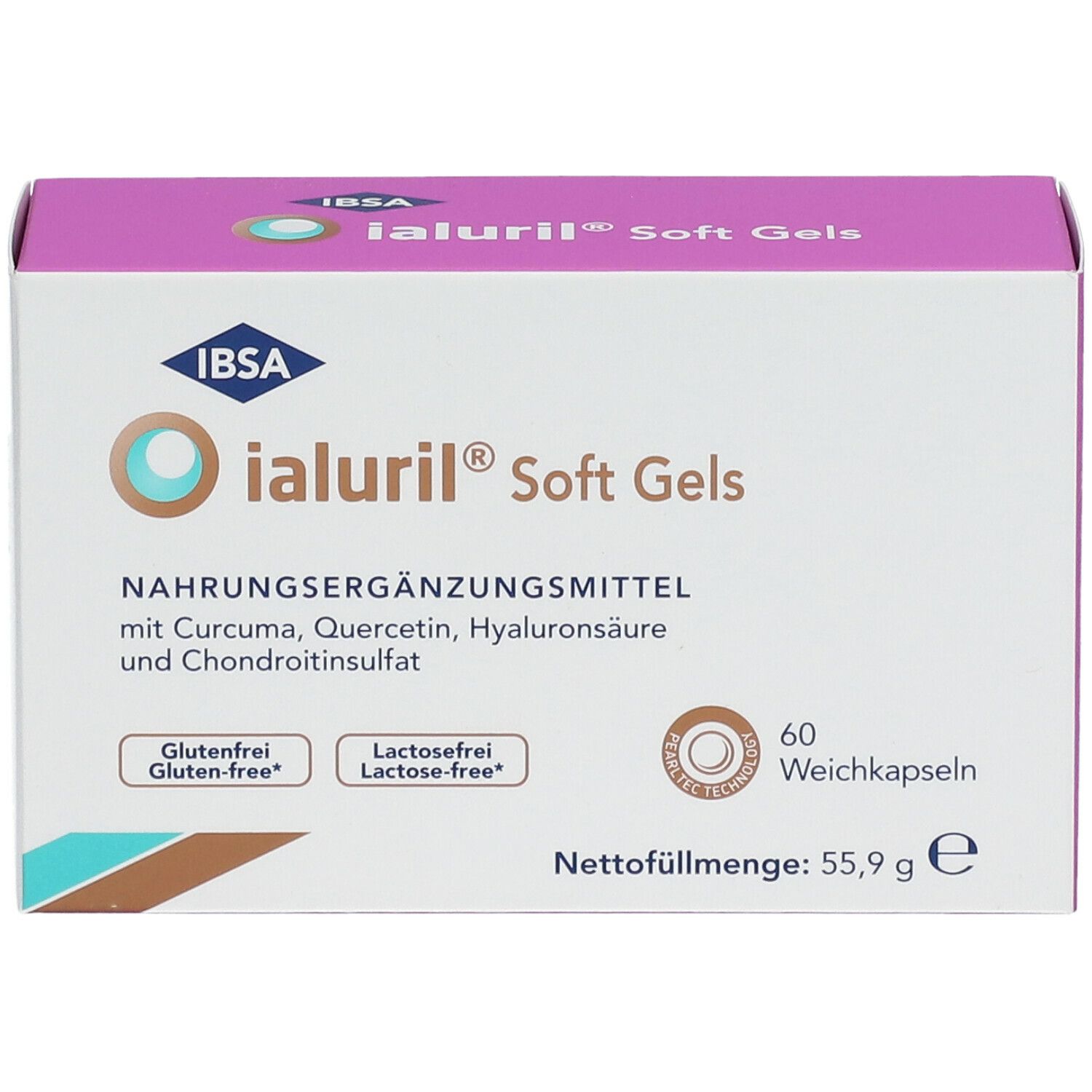 Verpackung von Ialuril® Soft Gels. Rosa-weiße Schachtel mit Produktnamen und Logo. Enthält 60 Weichkapseln.