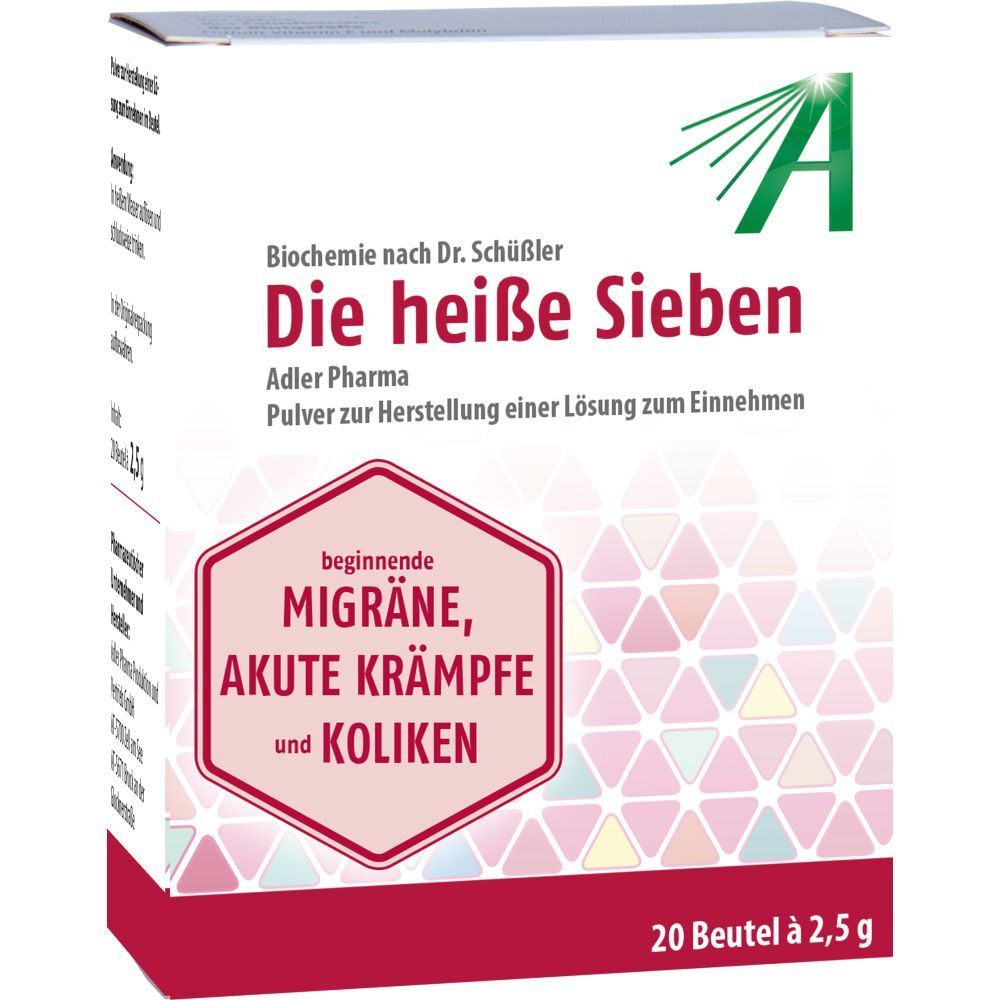 Karton "Die heiße Sieben" mit Text: "beginnende Migräne, akute Krämpfe und Koliken". Adler Pharma.