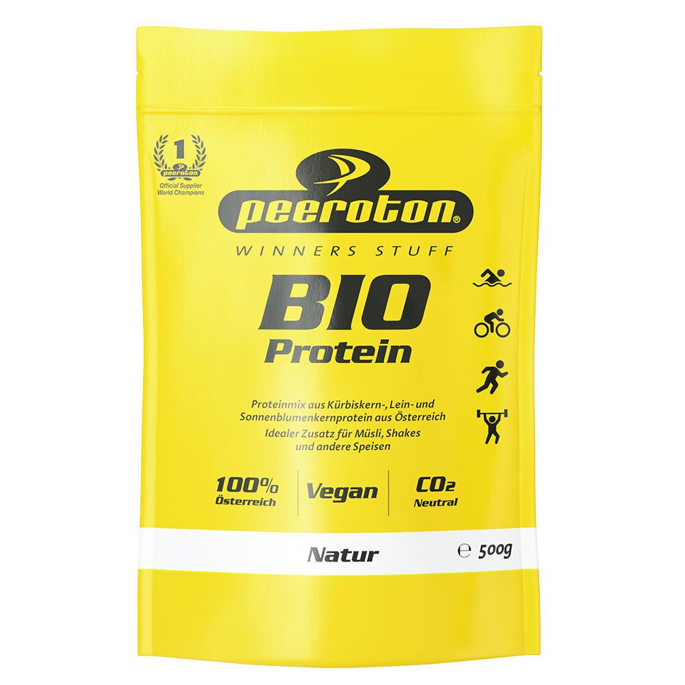 Gelbe Verpackung mit Peeroton BIO Protein Aufschrift. Enthält Icons für Sportarten und "Vegan" Siegel.