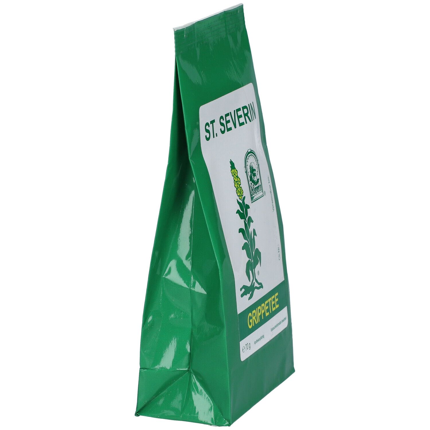 Grüner Beutel, schräg von der Seite. Weißes Etikett mit ST. SEVERIN und GRIPPETEE. Logo mit Pflanze.