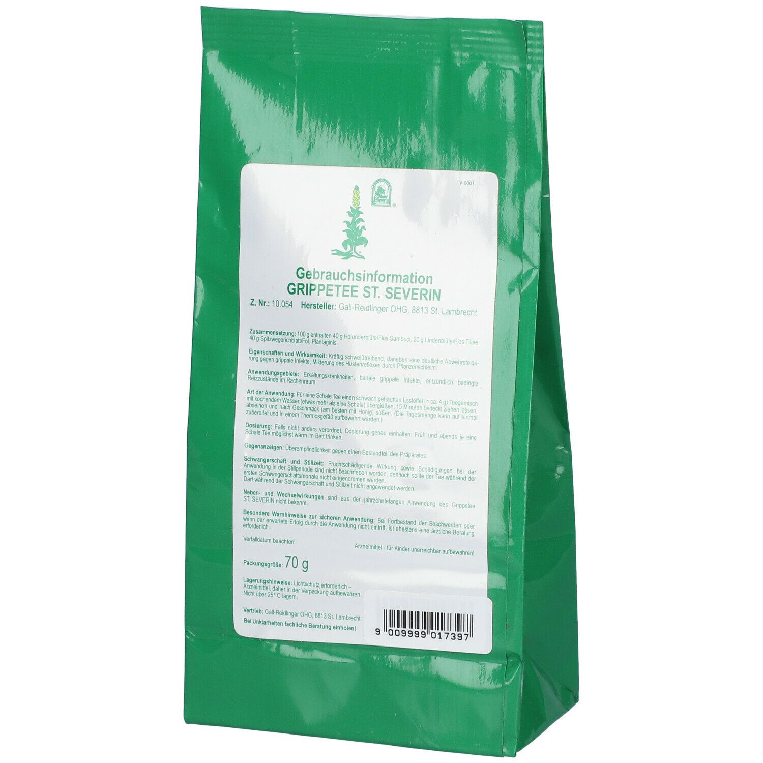 Grüner Beutel mit weißem Etikett. Gebrauchsinformationen und Aufschrift: GRIPPETEE ST. SEVERIN. Inhalt: 70 g.