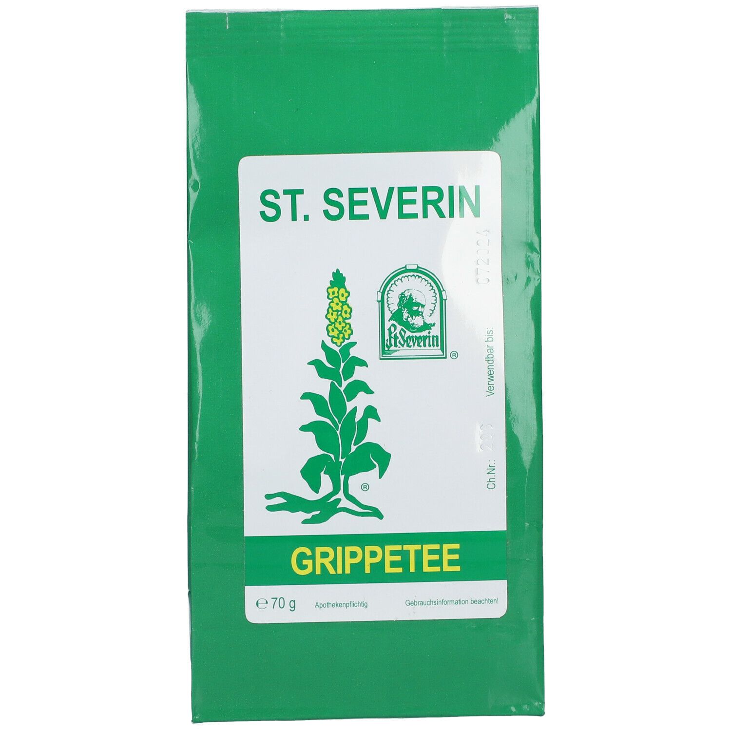 Grüner Beutel mit weißem Etikett. Aufschrift: ST. SEVERIN GRIPPETEE. Logo mit Pflanze. Inhalt: 70 g.