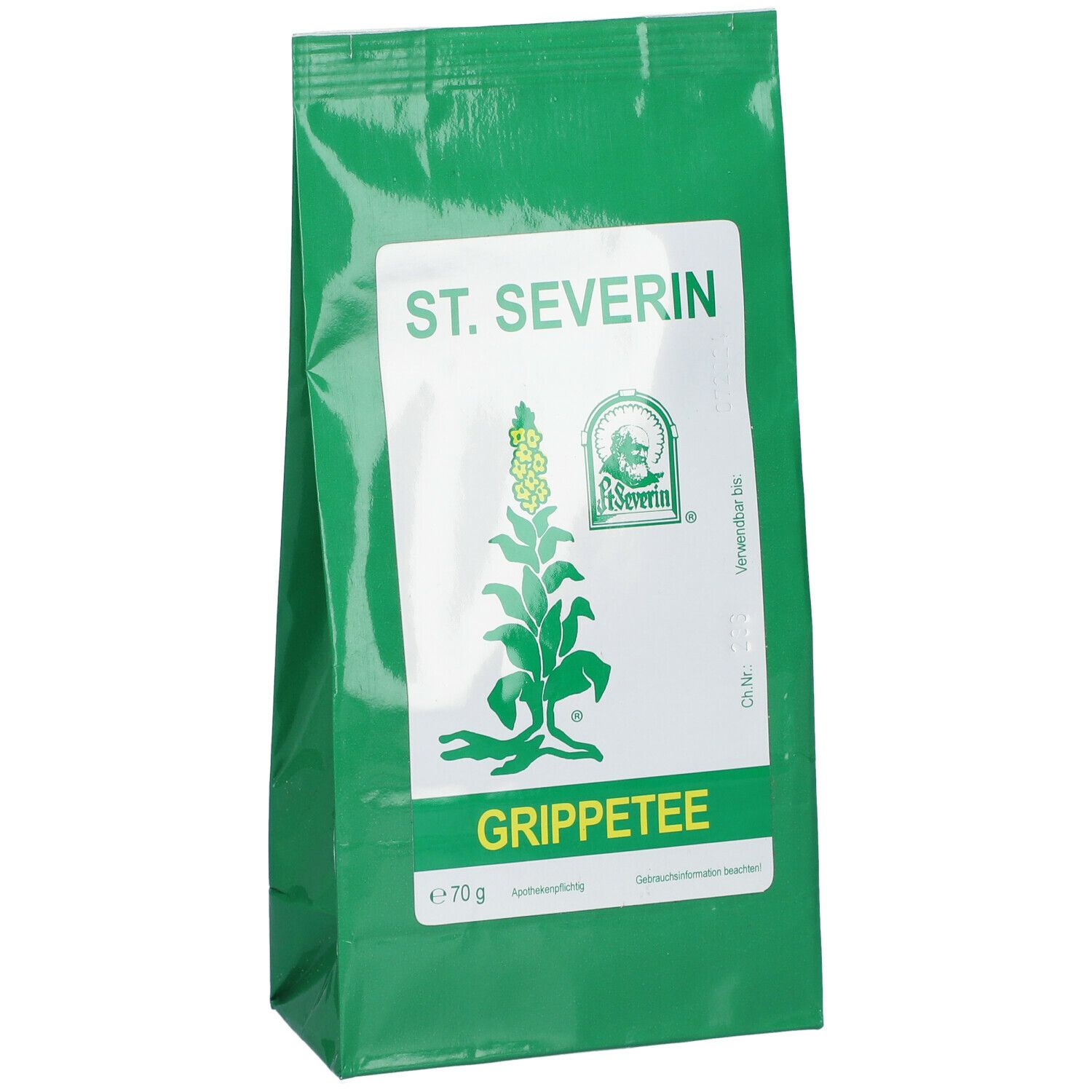 Grüner Beutel mit weißem Etikett. Aufschrift: ST. SEVERIN GRIPPETEE. Logo mit Pflanze. Inhalt: 70 g.