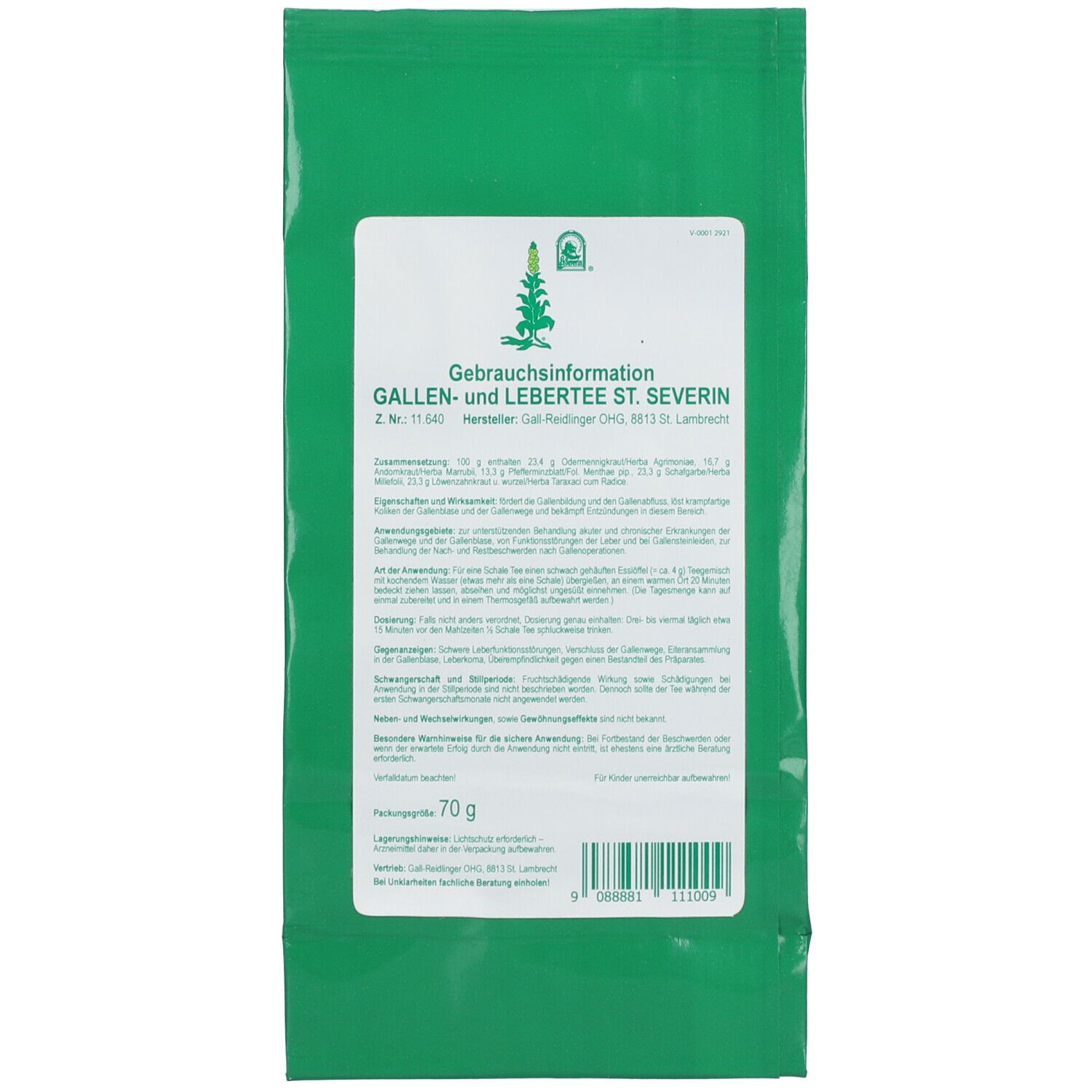 Grüner Beutel mit weißem Etikett. Gebrauchsinformationen. Text, Logo, Barcode. Inhalt: 70 g.