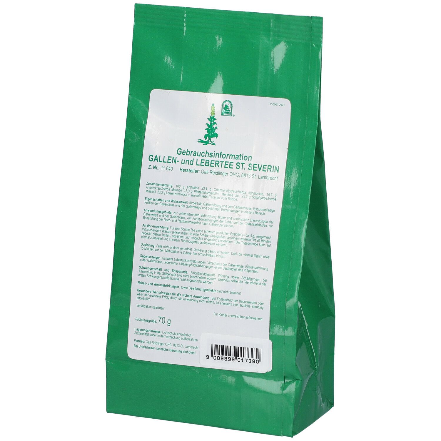 Grüner Beutel, schräg. Weißes Etikett mit Text: Gallen- u. Lebertee ST. SEVERIN. Logo. Inhalt: 70 g.